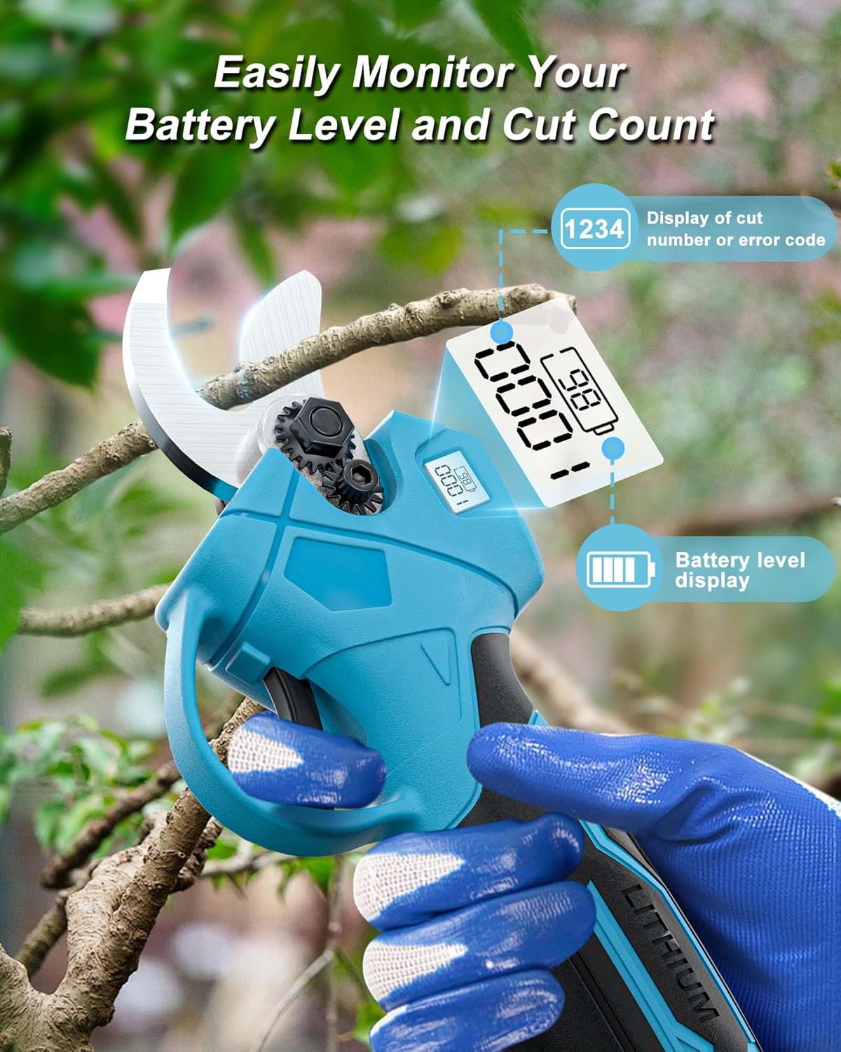 21V Cordless Electric Pruning Shears, Adjustable Cutting Diameter 0.8-1.2 IN Cordless Electric Branch Trimmer, Portable Pruning Shears for Garden with LCD Display and SK5 Blades(Two Battery)