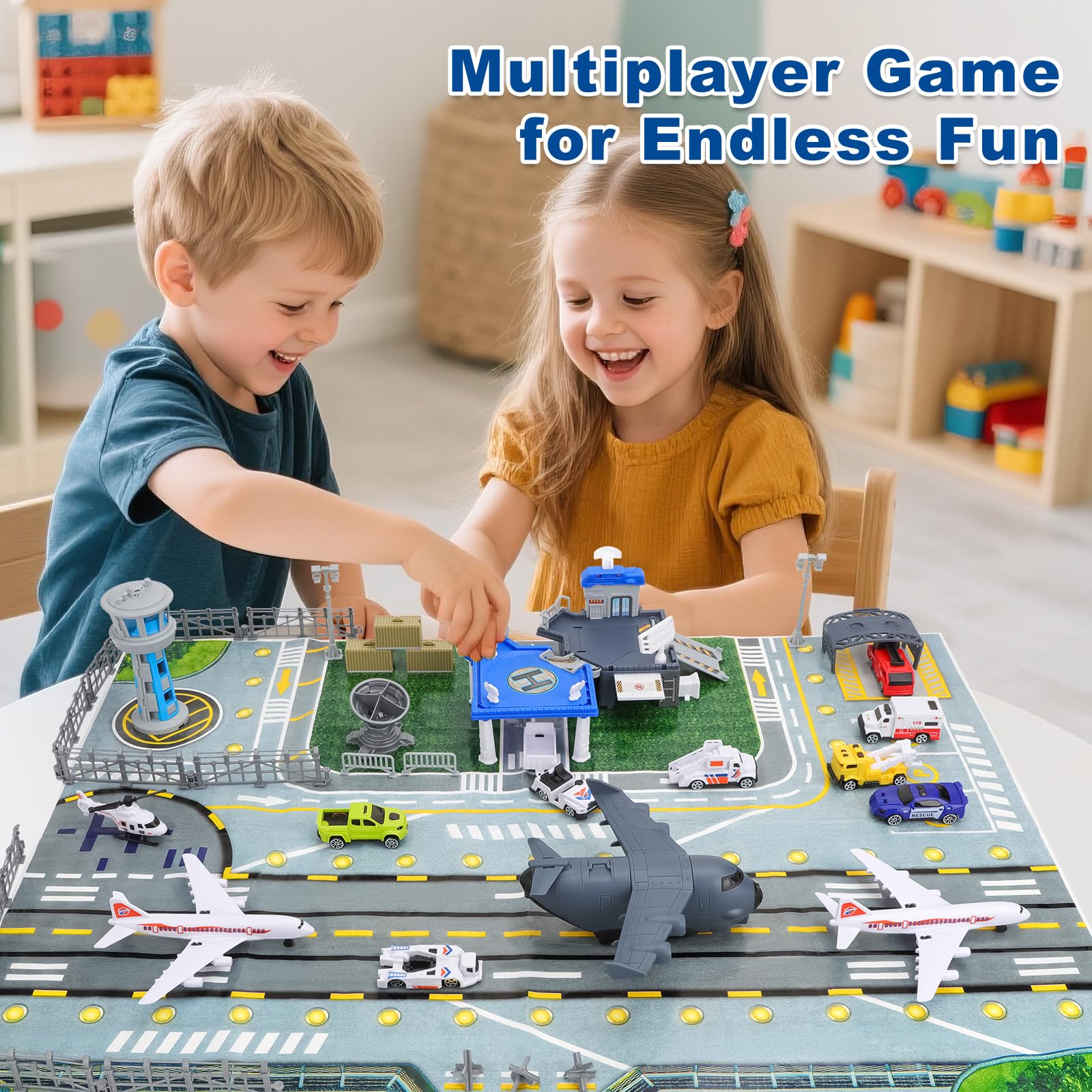 deAO Flugplatz Toy Strap Karte, Inkl. Gebäude des Flughafenterminals, Radarturm, 11 Verkehrsträger: Gepäckwagen, Polizeifahrzeuge, Verkehrsflugzeug, Straßensperre, Bodenpersonal für Kinder von 3–12