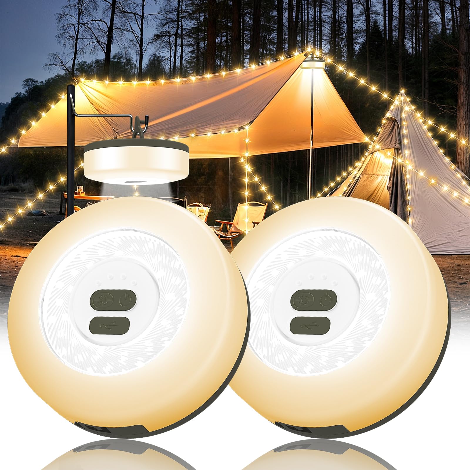 2Pack Camping String Lights, 4 in 1 Quick Storage 32.8FT Rechargeable Tent Lights with 6 Modes Hanging Waterproof Camp Lamp Camping Essentials for AwnTent Hiking Garden Bedroom Festival (Warm White)