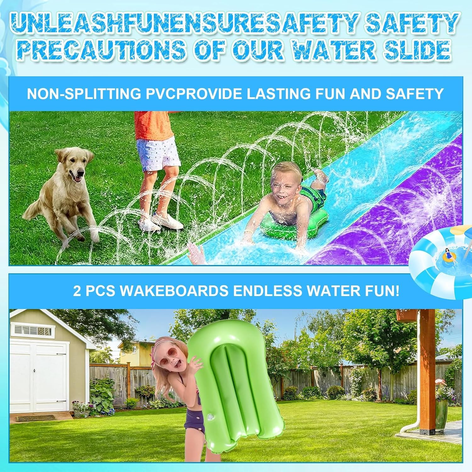Doppio Scivolo ad Acqua 480 cm con 2 Bodyboards Scivolo Acquatico Giardino Piscina Fuori Terra per Bambini e Adulti