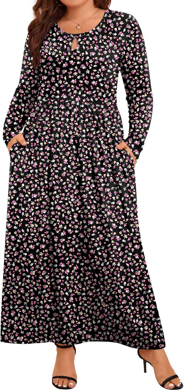 POPYOUNG Women's Plus Size Maxi Dresses Long Sleeve Casual Fall Dress XL-5XL with Pokets Crewneck 5X-Large Yzc-small Floral