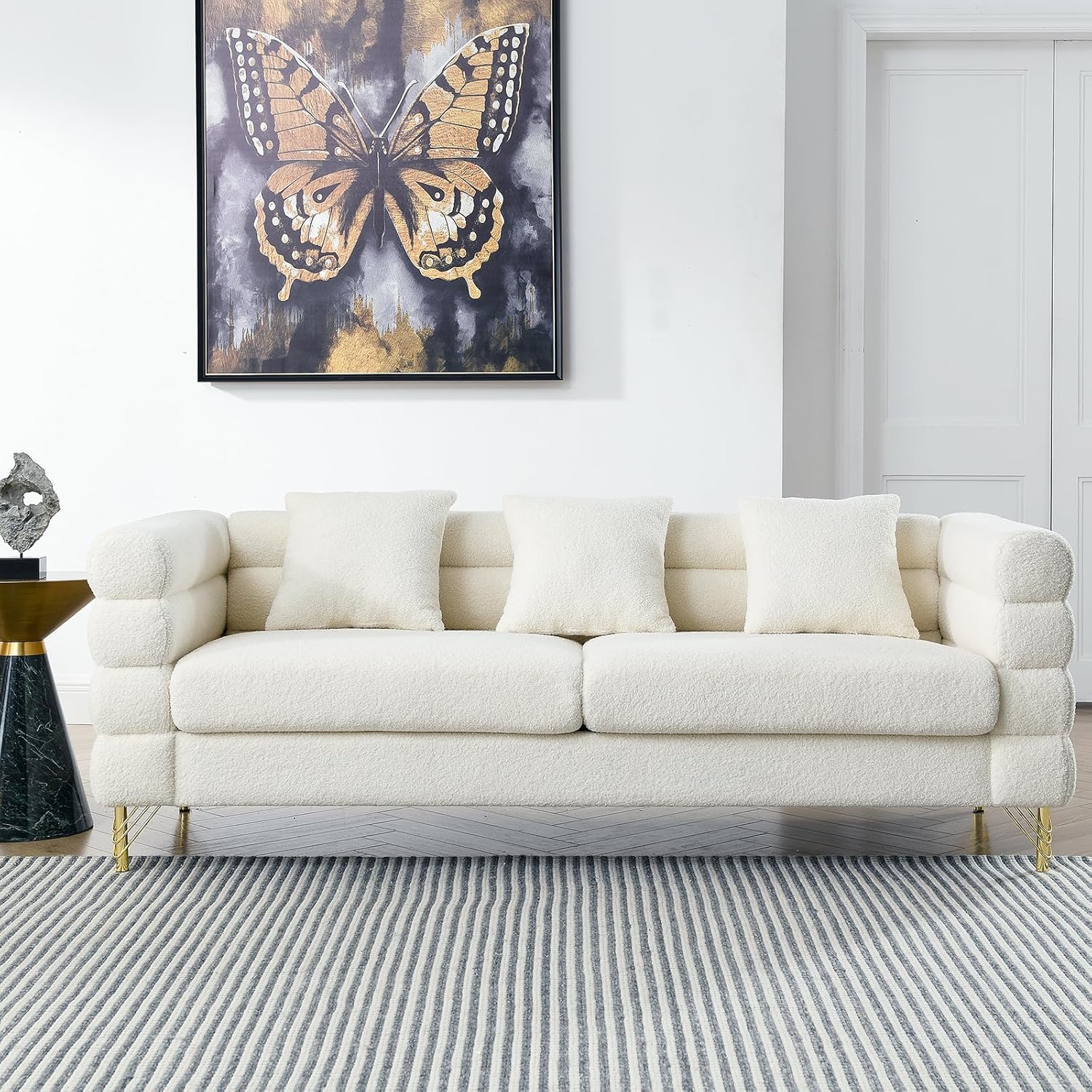 81" Oversized 3 Seater Sofa Upholstered Sectional Couch with 3 Pillows Modern Teddy Loveseat with Golden Metal Legs for Living Room, Bedroom, Apartment, Small Space, Ivory