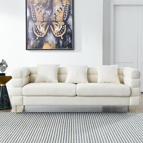 Miniatura 3 de 81" Oversized 3 Seater Sofa Upholstered Sectional Couch with 3 Pillows Modern Teddy Loveseat with Golden Metal Legs for Living Room, Bedroom,