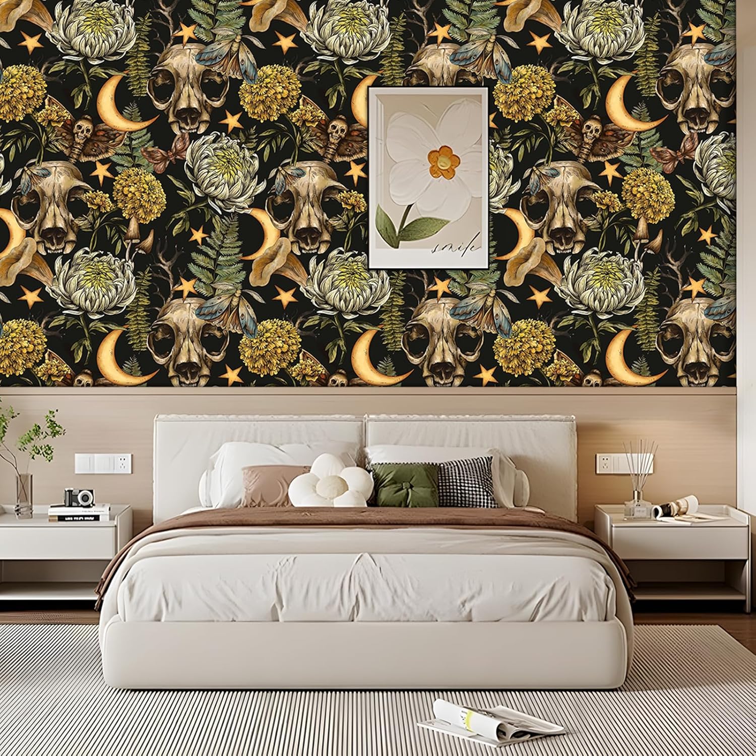 Dark Skeleton Wallpaper Peel and stick Self Adhesive Easy Peel Off whimsical Gothic White flowers Yellow Moon Star Green Leaf Removable Contact Paper for Bedroom Renter friendly 17.71"x236.2"