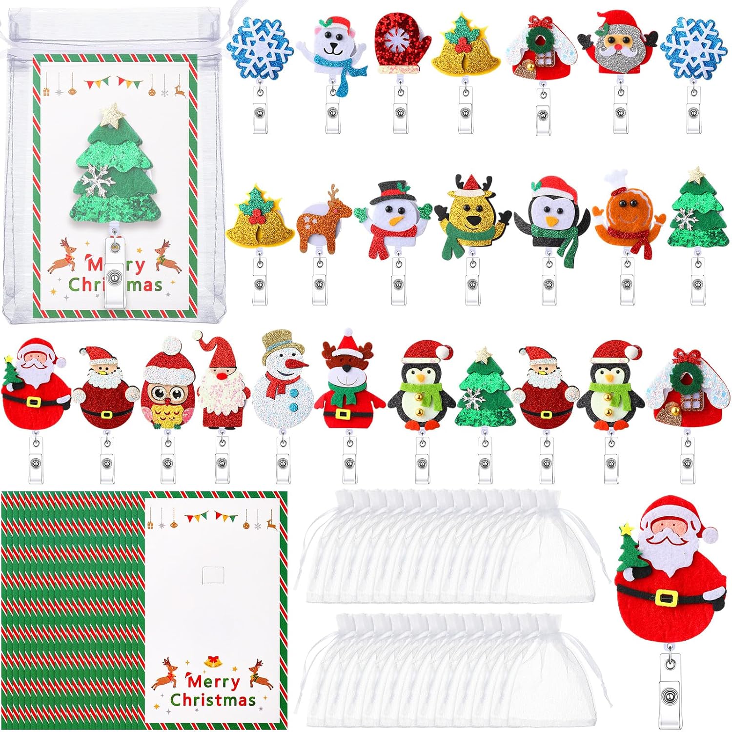 Geyoga 25 Set Christmas Gifts Christmas Badge Reel Felt Badge Holder with Clip Cute Retractable Holiday ID Badge Reels Name Badge Clips Merry Christmas Cards Organza Bags for Nurse Teacher Xmas Decor