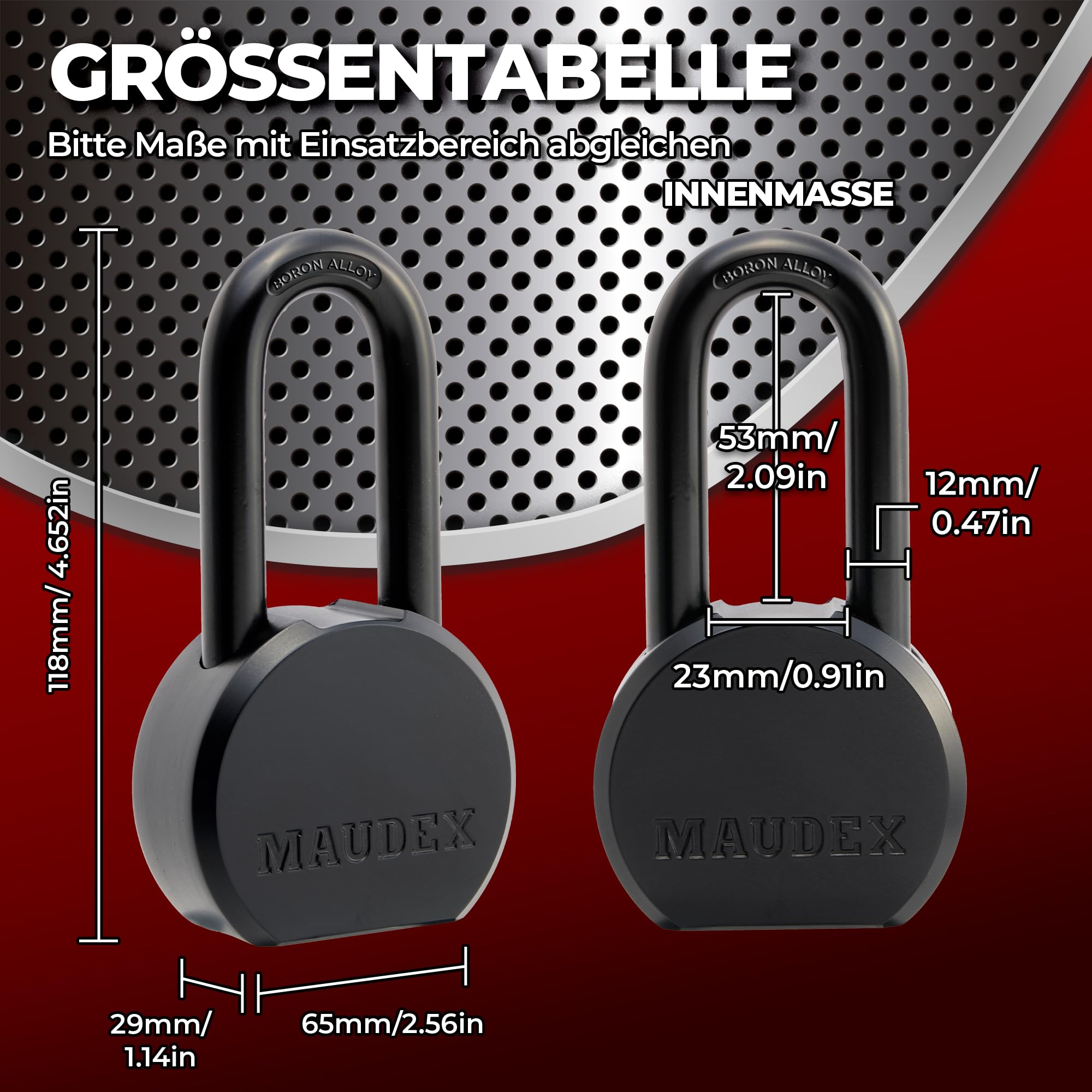 Maudex® PME65 Allwetter-Schutz Schwerlast Vorhängeschloss mit 5 Schlüssel - 12 mm Schnittfester Borlegierung Langer Bügel | Sicherheitsschloss für Schuppen, Tore, Container & Außenlager