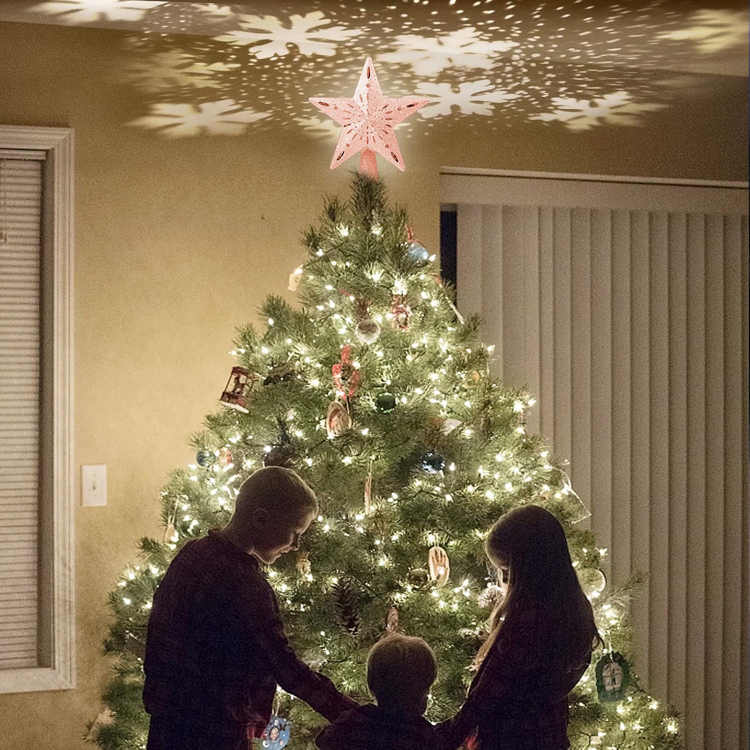 Christmas Tree Topper Lighted Star with LED Rotating Snowflake Projector,Christmas Tree Ornaments,3D Glitter Snow Lights Tree Topper for Christmas Tree Decorations