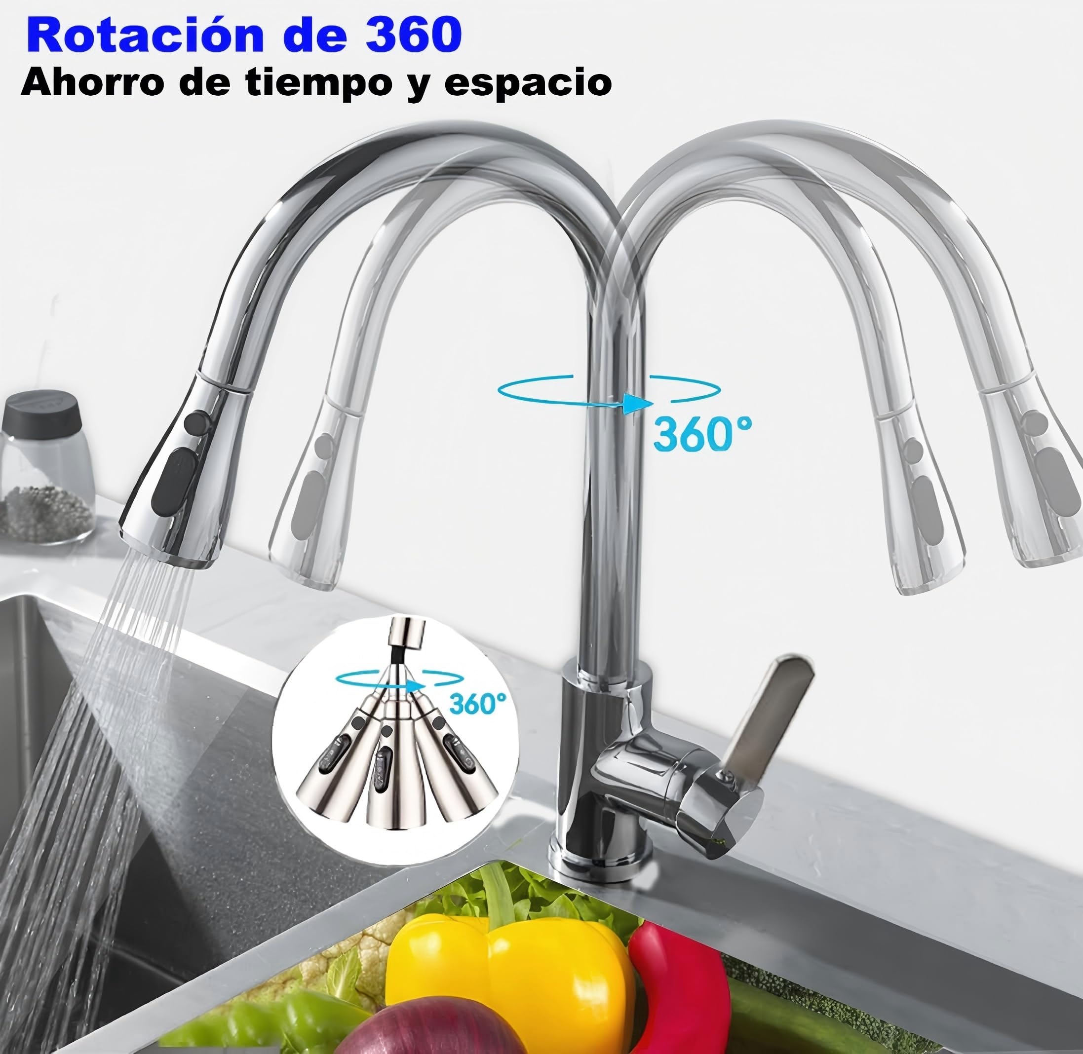 Grifo de cocina extraíble y retráctil, grifo de cocina giratorio 360°, grifo mezclador de cocina de acero inoxidable con 3 funciones, grifo mezclador de alta presión para fregadero de cocina