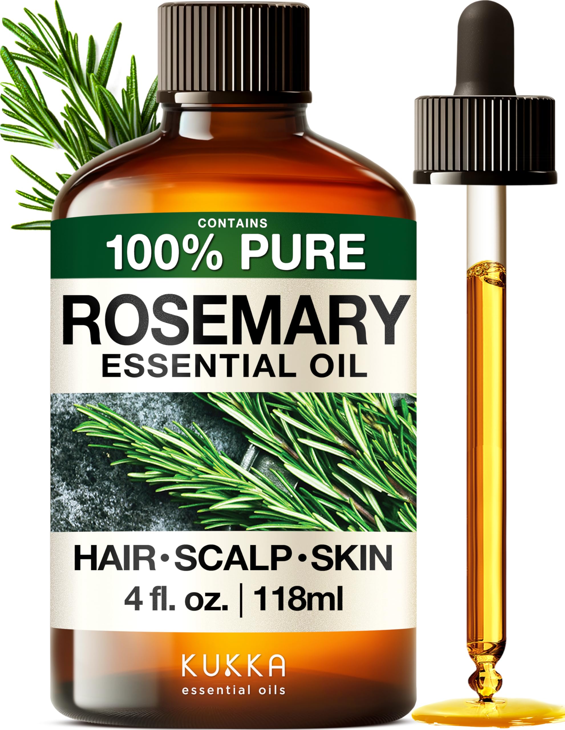 KUKKA Rosemary Essential Oils - 4 Fl Oz - for Hair, Skin, Diffuser, Aromatherapy & DIY Soap Making ScentUSDA OrganicClimatePartner certified
