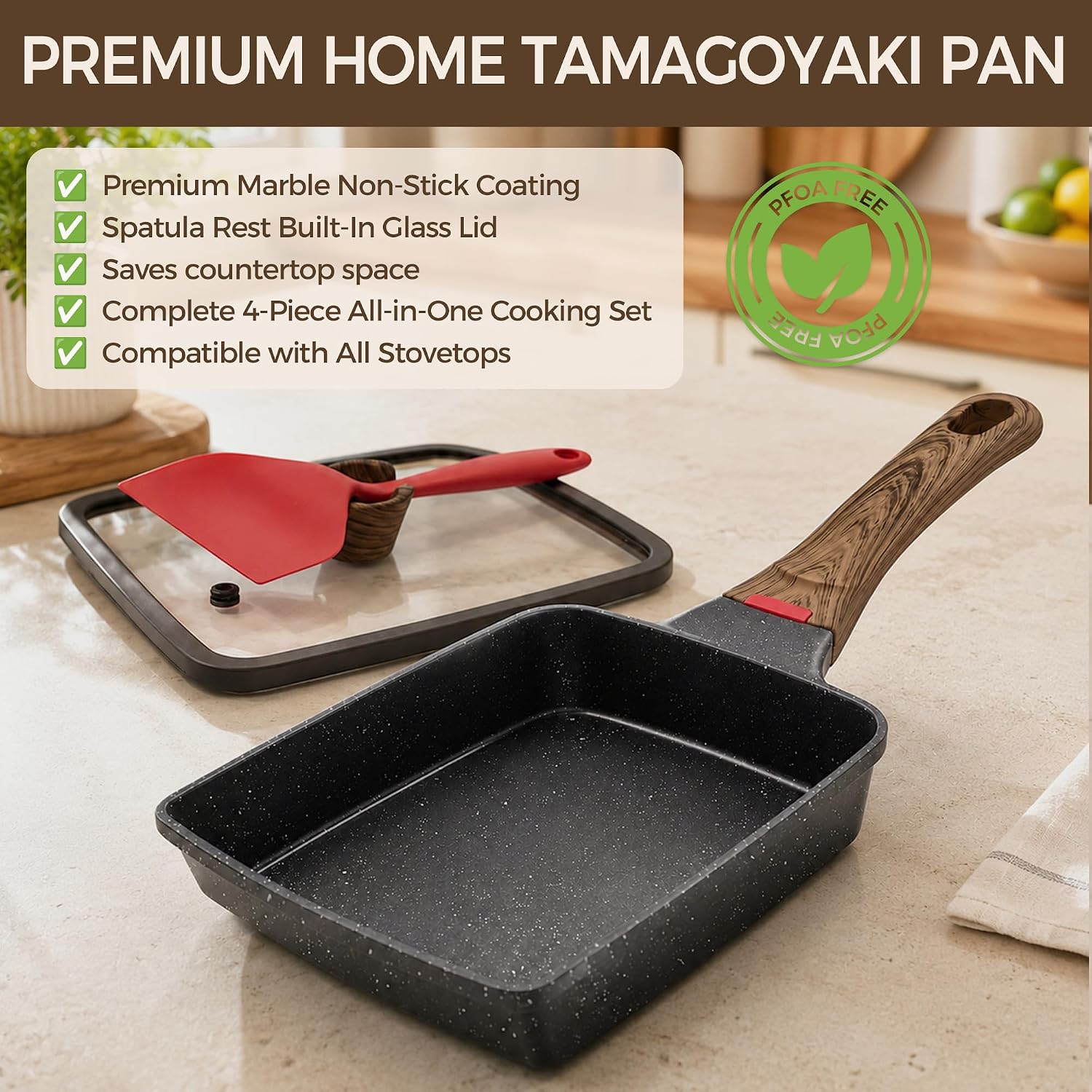 Tamagoyaki Japanese Omelette Pan Nonstick Egg Pan with Lid Spatula, Black
