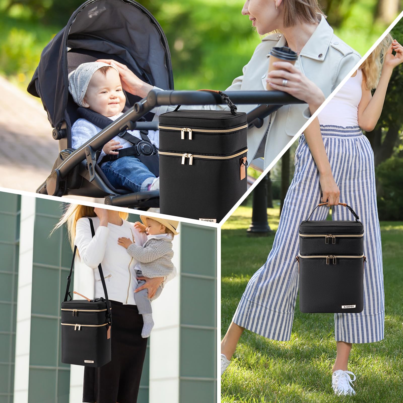 Muttermilch-Kühltasche mit Eisbeutel für 6 Babyflaschen bis zu 9 Unzen, auslaufsichere Doppelstock-Babyflaschen-Tasche mit Schulterriemen für stillende und arbeitende Mütter, schwarz