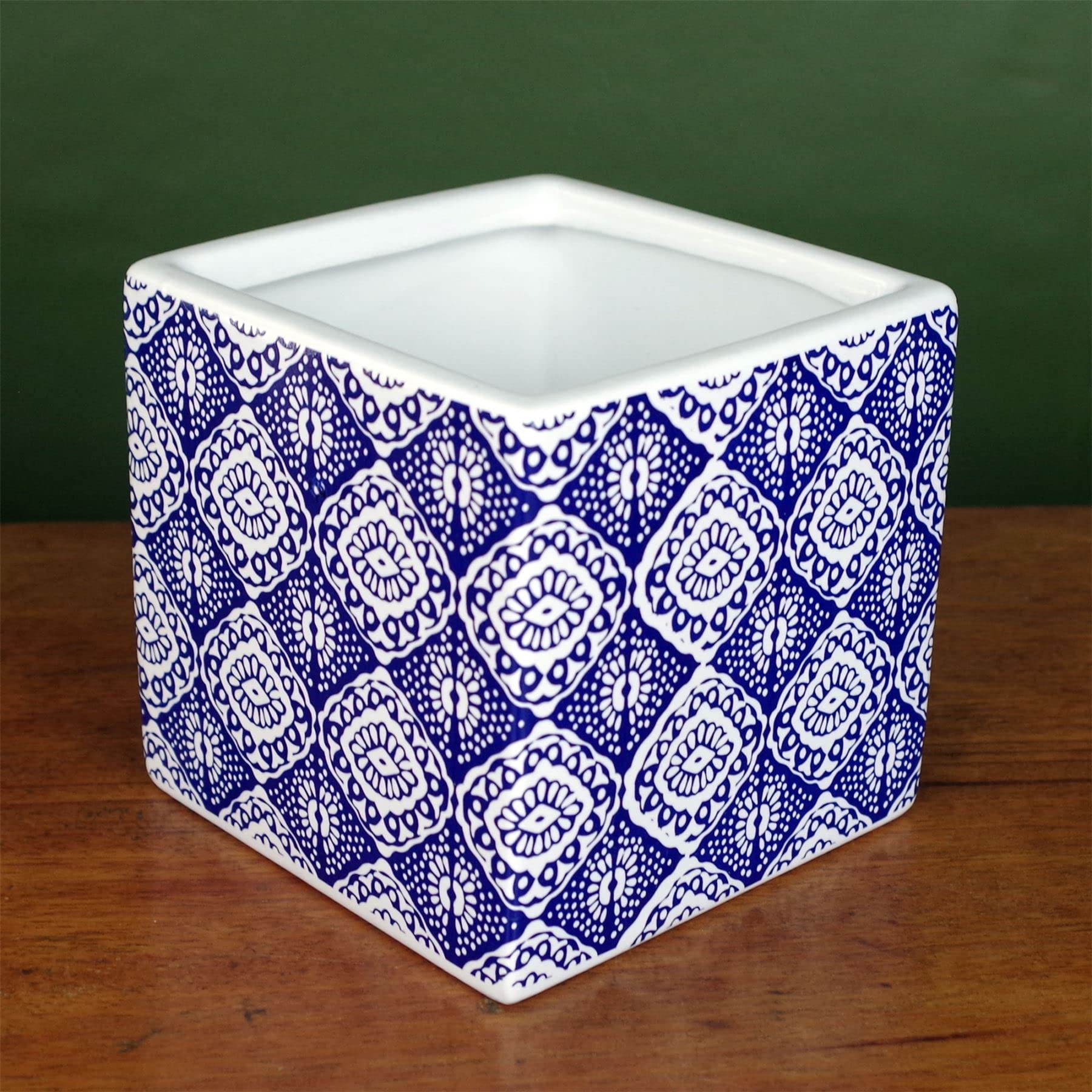 Leaf Keramik-Übertopf Mit Blumenprint – Blau-weißes Design Für Zimmerpflanzen, 12 Cm Hoch