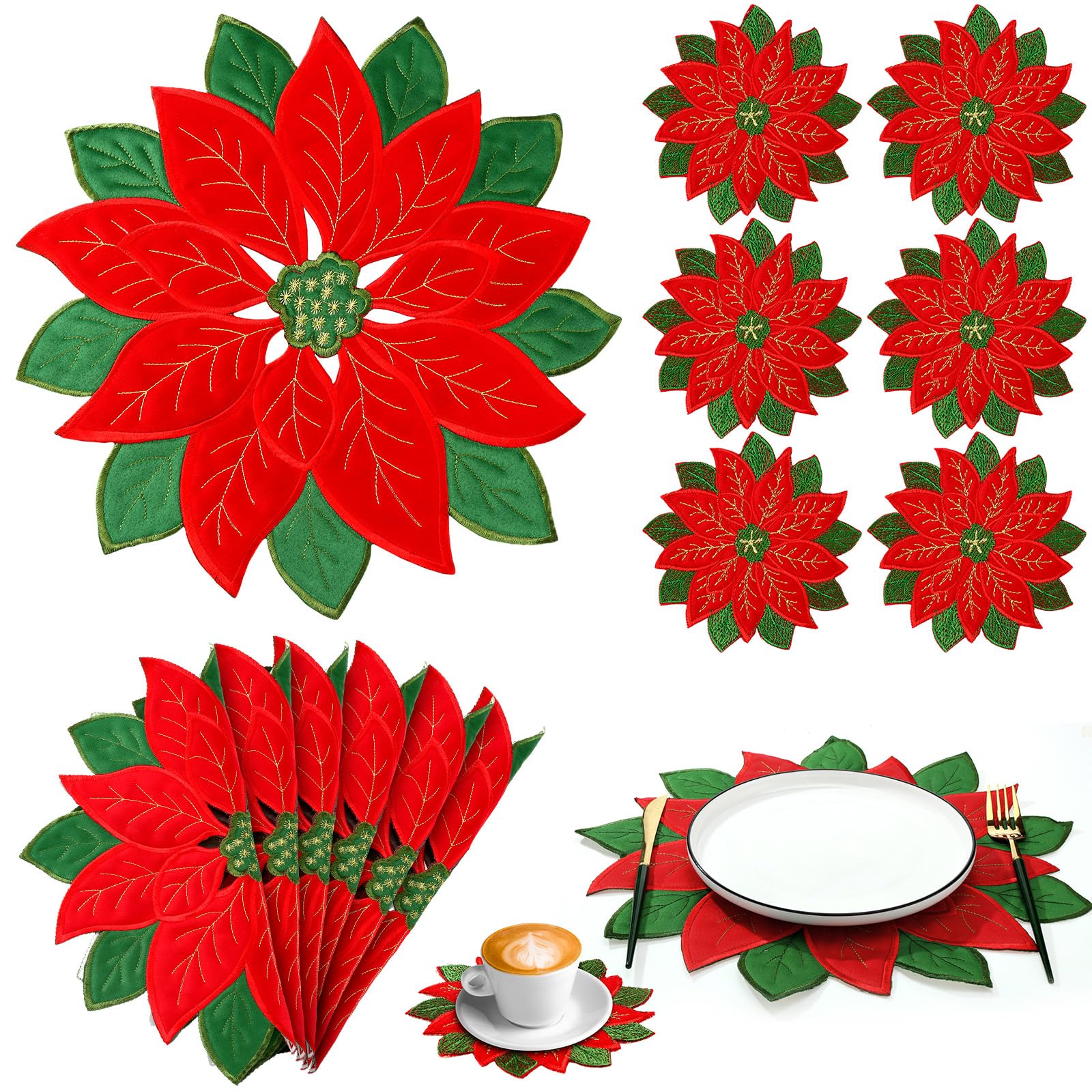 Tudomro 12 Pcs Christmas Poinsettia Placemats and Coaster Set of 6 Applique Table Placemats Embroidered Washable Red Flower Mats for Xmas Winter Holiday Wedding Party Festival Dinner Decorations