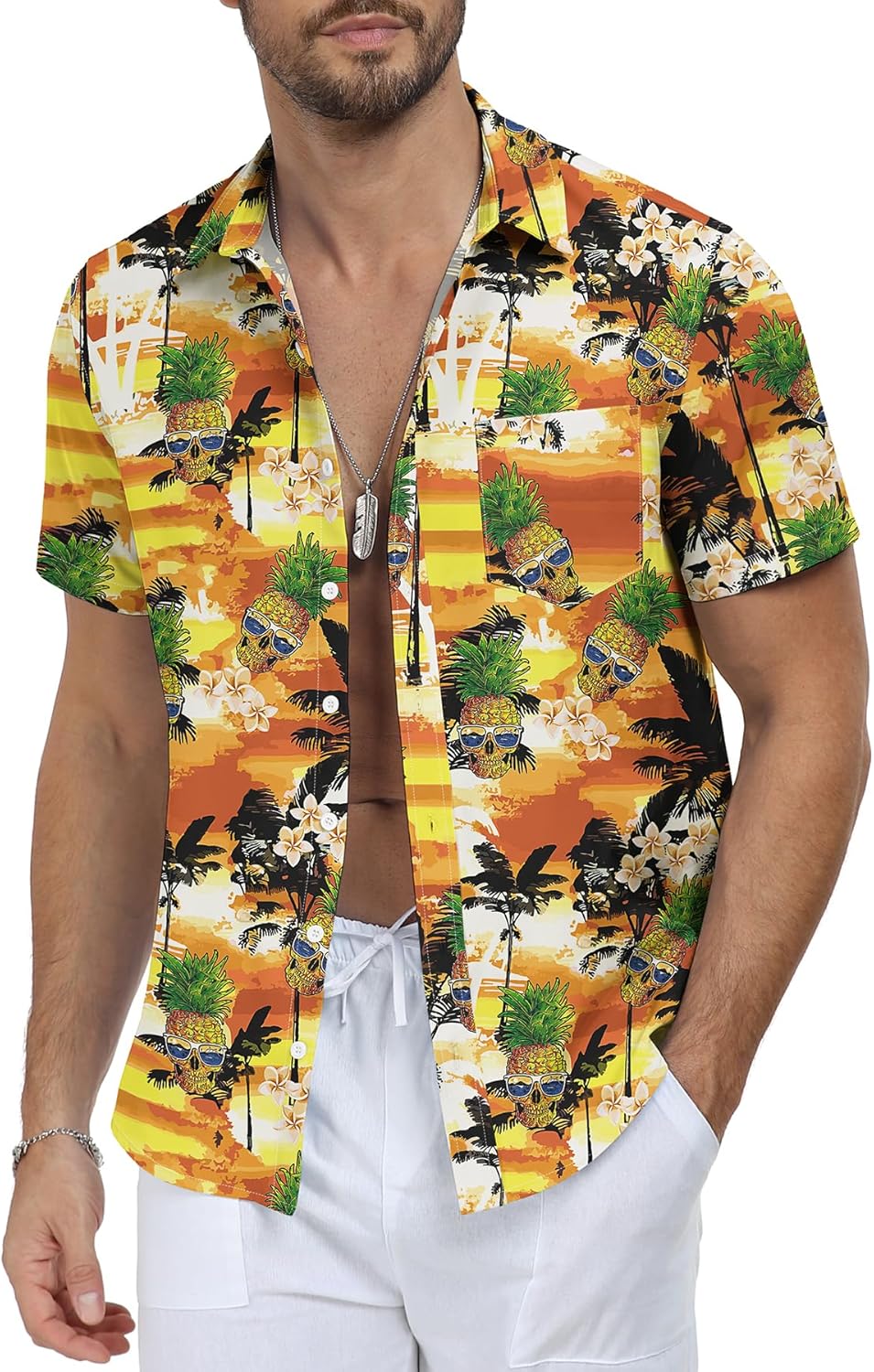 قمصان هاواي للرجال من NITAGUT، بأكمام قصيرة، وأزرار، وجيب، مناسبة للعطلات الاستوائية على الشاطئ - (اللون: أصفر أناناس، المقاس: كبير جدًا)