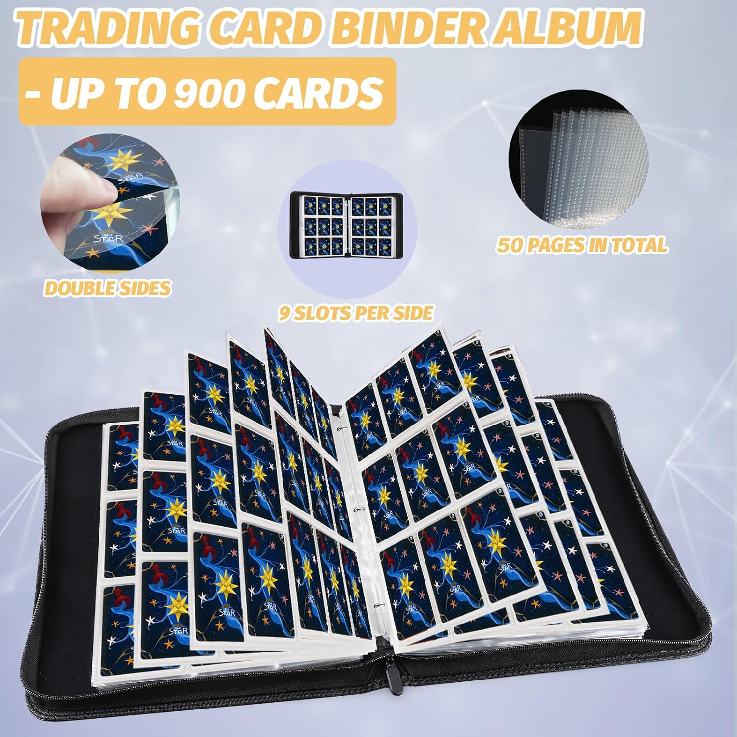 GERMUN Trading Card Binder, 900 Pockets Card Binder, 9-Pocket Sided Pocket Sports Card Binder, Premium Card Binders Compatible with MTG, TCG, Baseball Cards(Carbon Black)