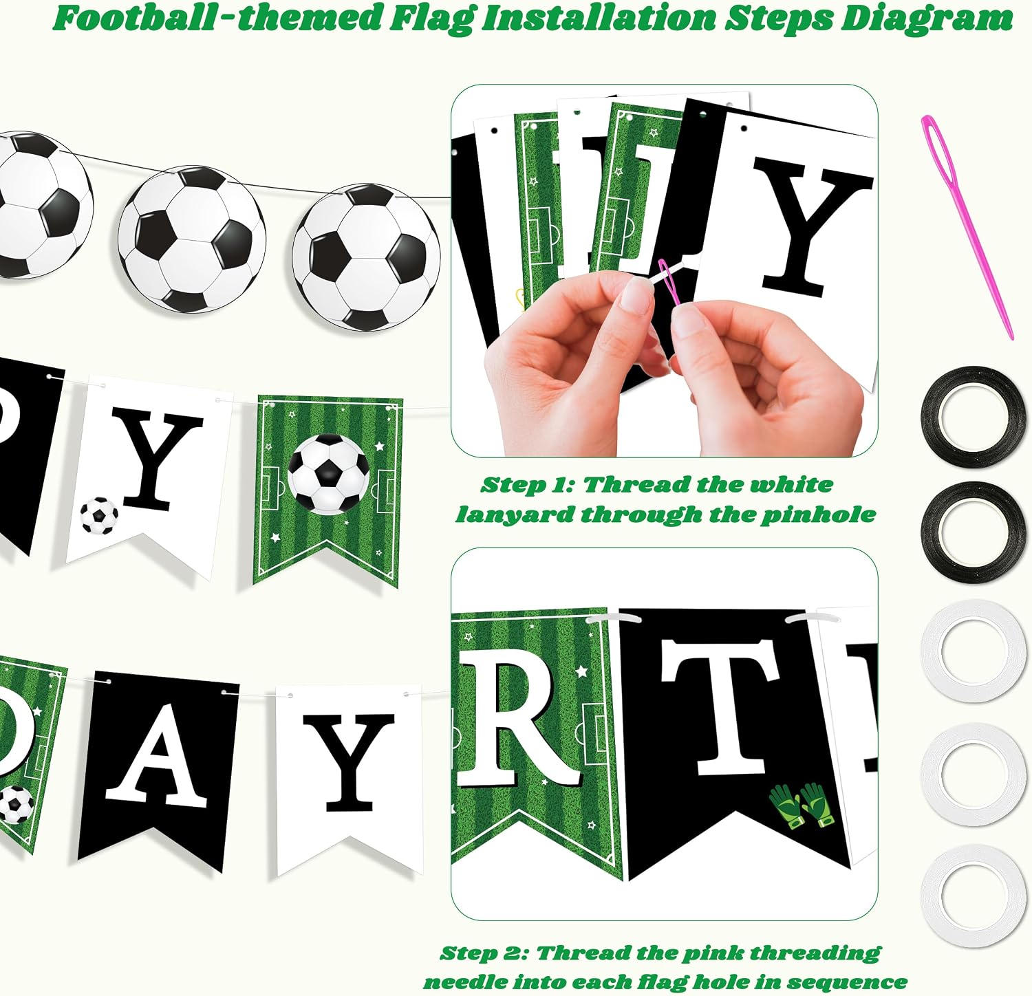 Soccer Birthday Party Decorations Kit with Happy Birthday Banner, Soccer Bunting Garland, Honeycomb Centerpieces and Cake Toppers, Sports Theme Party Supplies for Boys Girls Teens Adults