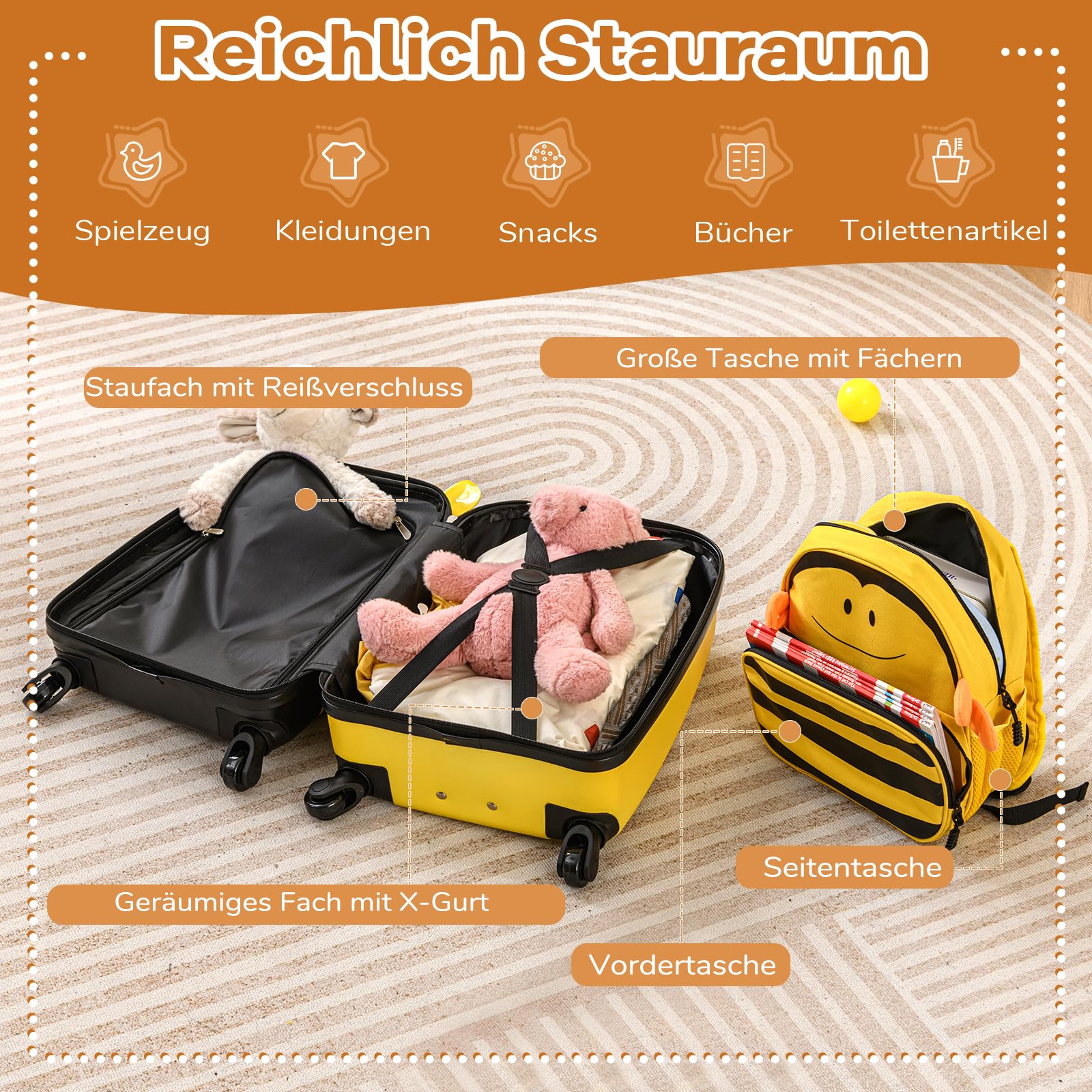 GOPLUS Kinderkoffer 2 TLG. mit Rucksack, Reisekoffer Set Kinder mit niedlichem Bienen-Rucksack & 18 Zoll Rollkoffer, 12”+16” Kindertrolley aus Kunststoff, Kindergepäck Flugzeug für Jungen & Mädchen