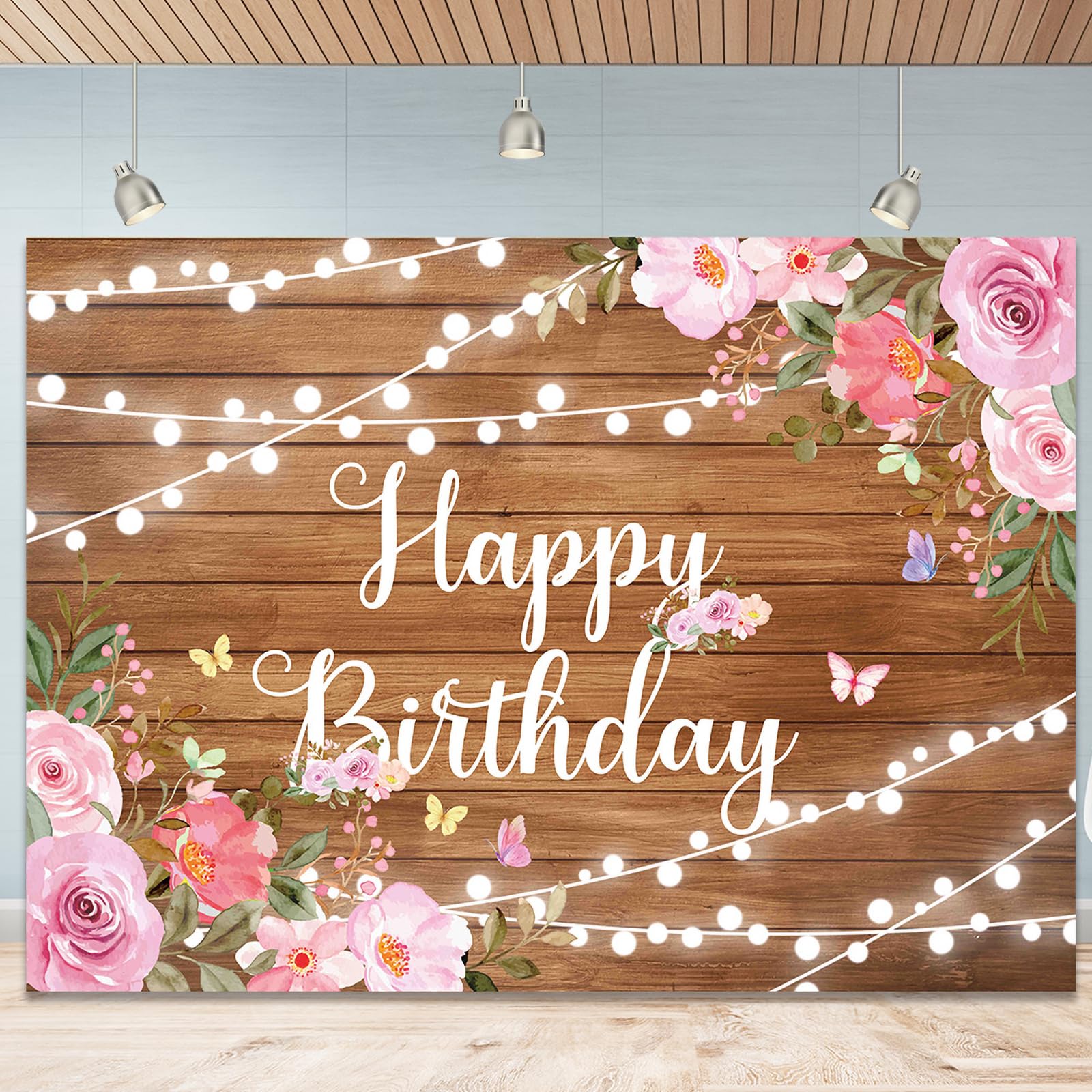 Rustic Wooden Happy Birthday Backdrop for Women 96x72 Inch Rustic Floor Glitter Lights Butterfly Photography Background Pink Floral Happy Birthday