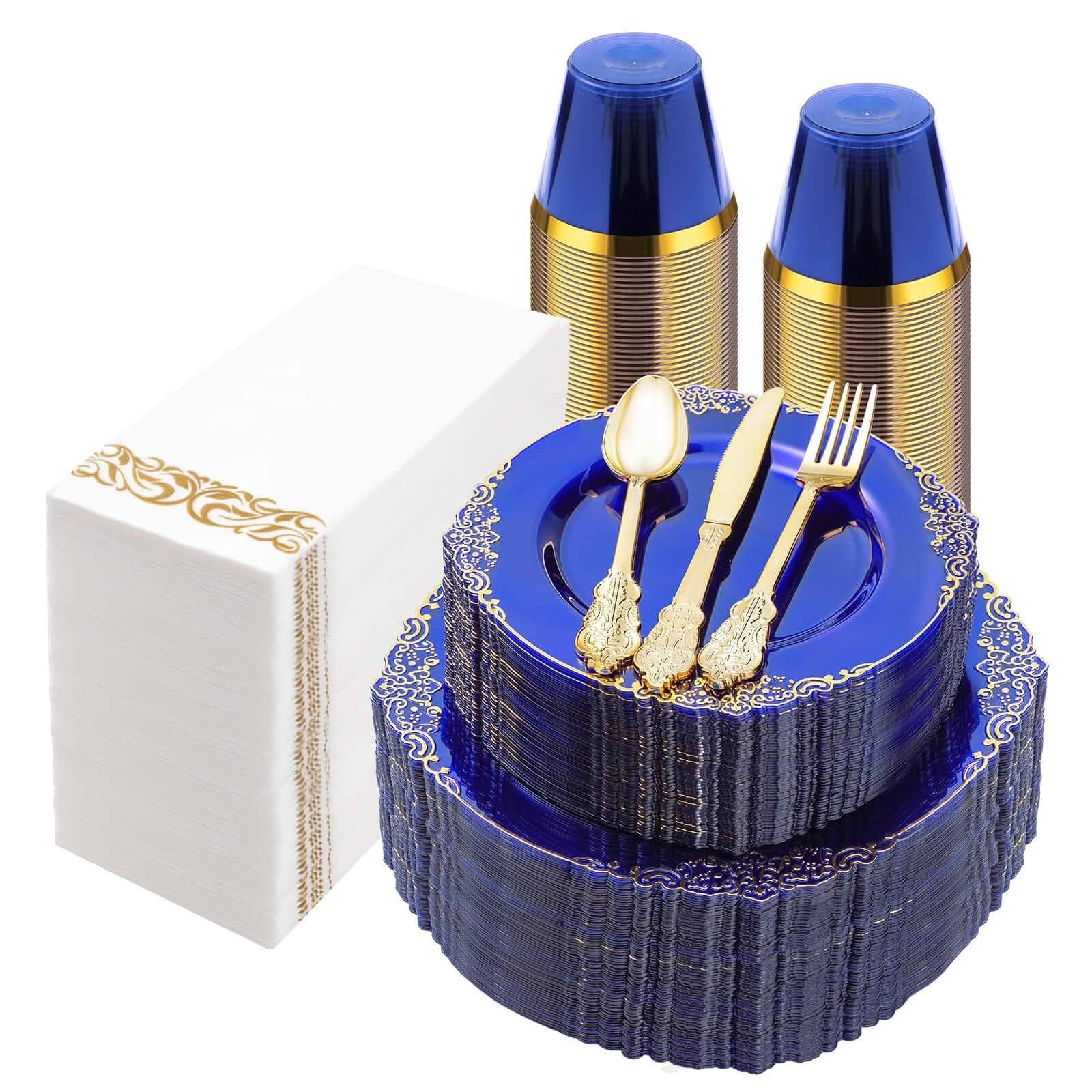 Bestluck 350PCS Clear Blue Plastic Plates for 50 GuestsIncludes 50 Dinner & Dessert Plates, 150 Gold Silverware, 50 Cups, 50 Napkins for Party, Wedding, Graduation