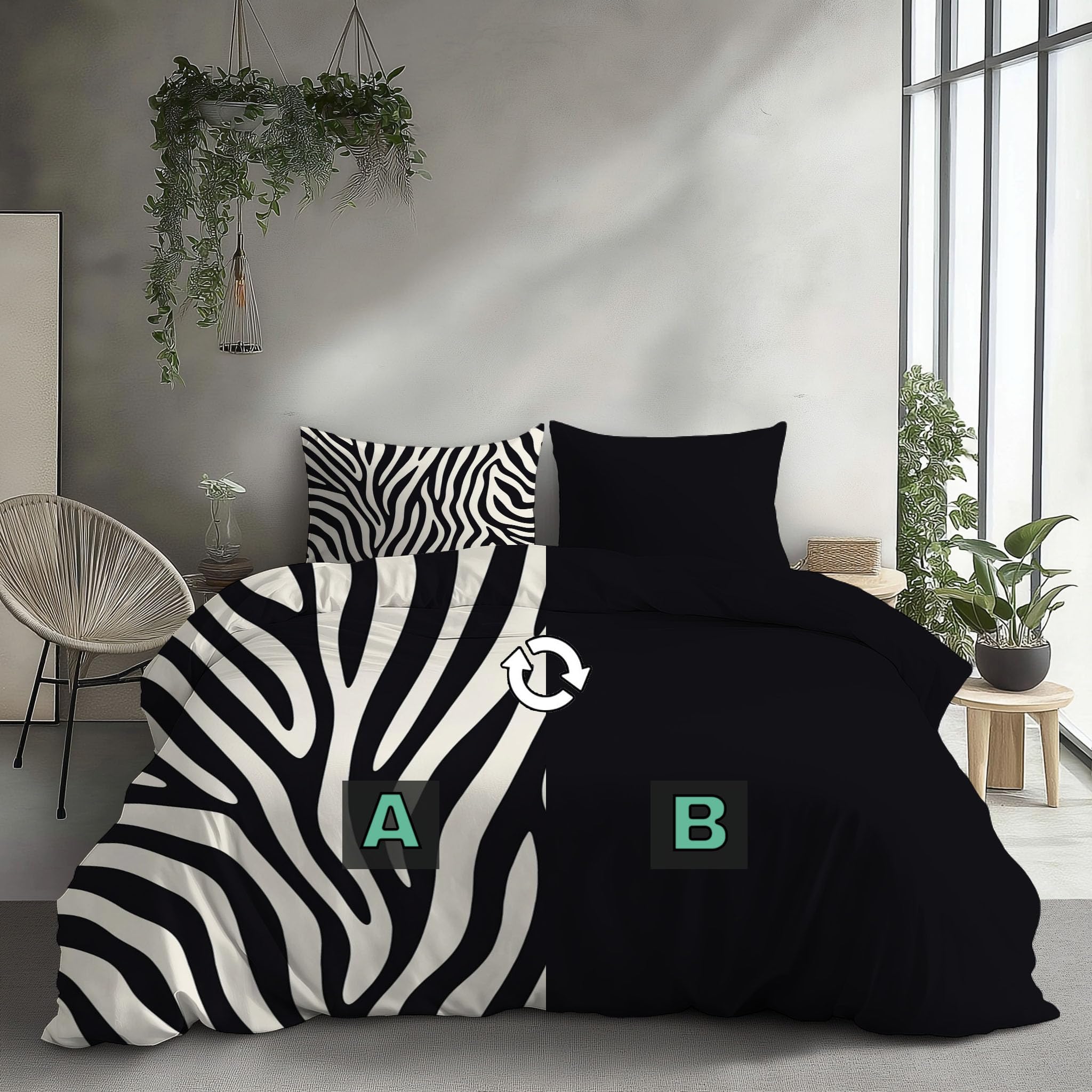 Juego de Ropa de Cama de 3 Piezas,Microfibra Rayas de Cebra y Sencillo Cebra de Animales Salvajes Juego de Fundas Edredón con 1 Funda Nórdica + 2 Funda de Almohada (Negro,Cama 135/150,220×240CM)