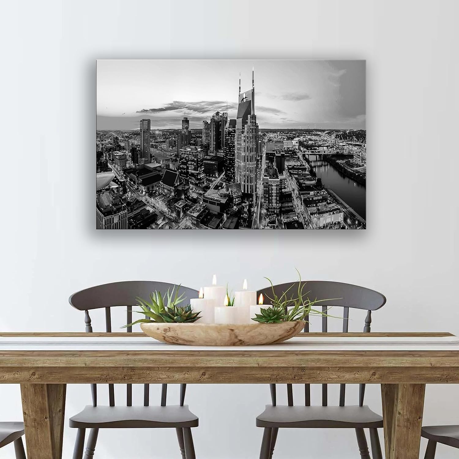 BoxColors 1 Panel of 20x30 inches Canvas Prints Wall Art Pictures Framed Nashville City black & White night Skyline Cityscape Home Decor Living Room Bedroom (C2330)