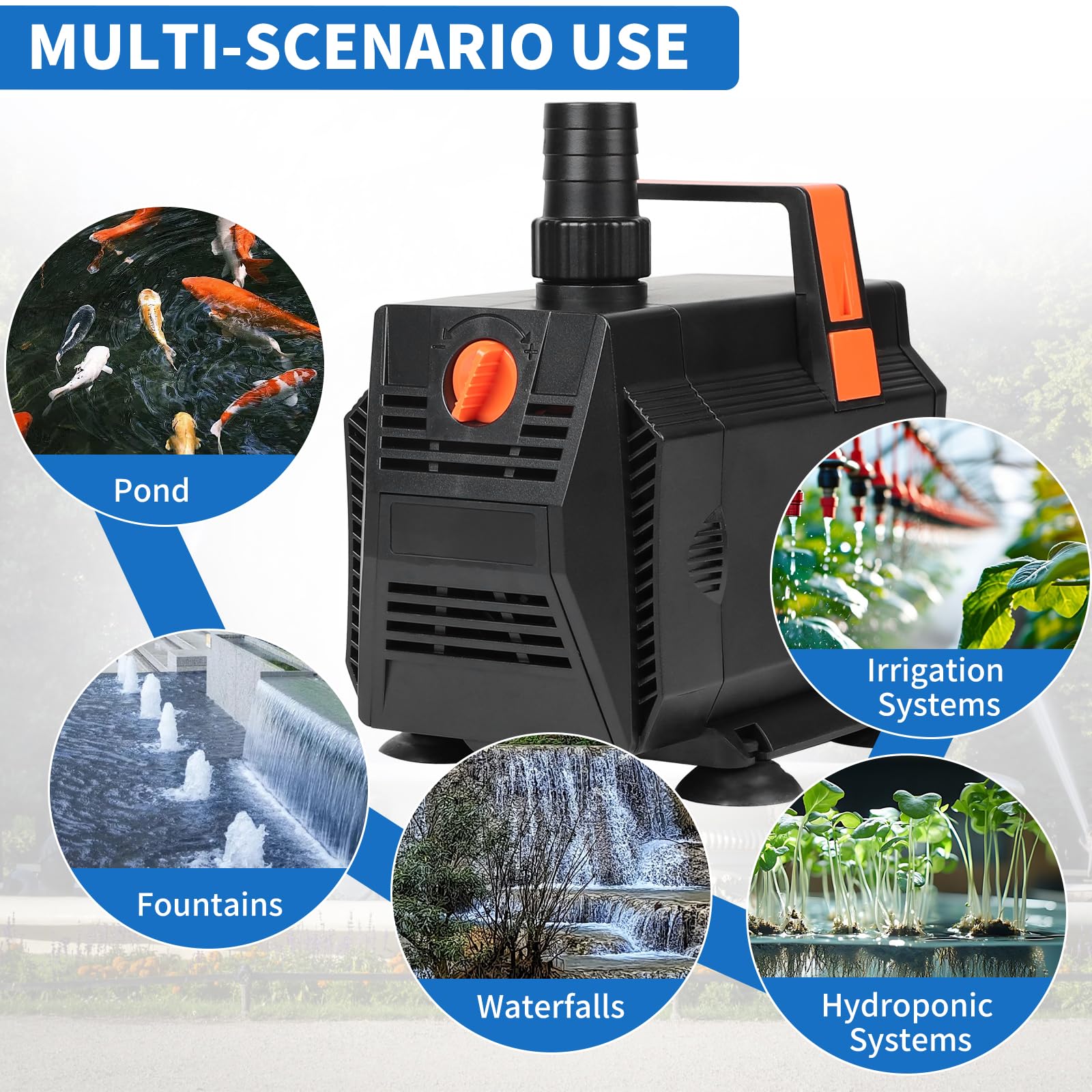 SWAWIS Pompa Acquario Pompa Laghetto 60W 3500L/H Anfibia Portata Regolabile con Filtro e 3 Ugelli per Acquari, Laghetti, Fontane