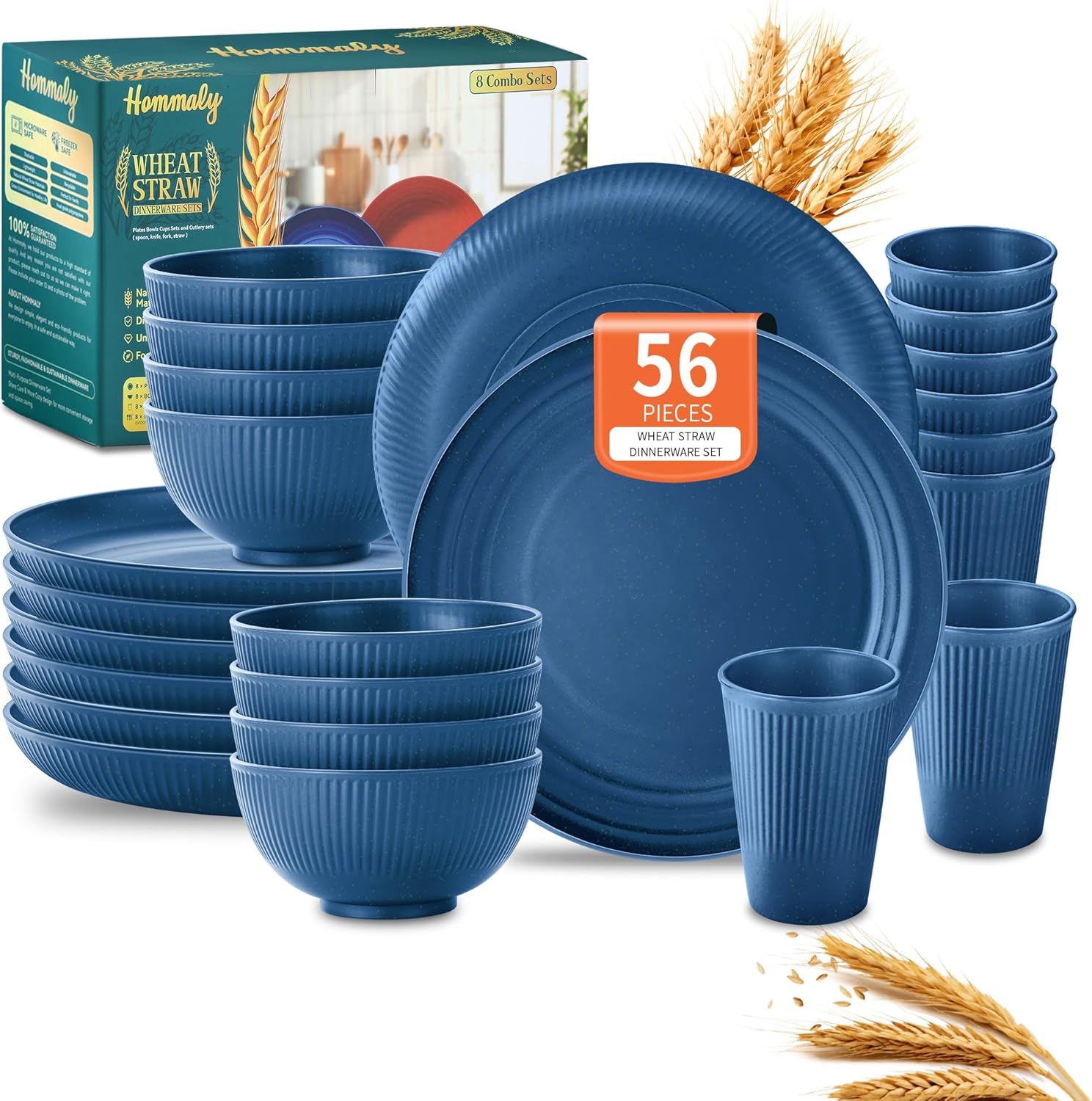 Wheat Straw Dinnerware Sets,56-Piece Plates and Bowls Sets for 8-Unbreakable,Reusable Plastic Dish Set-Dinner Plate/Cereal Bowl/Cup/Utensils-Microwavable Dishwasher Safe 56P-Deep Blue