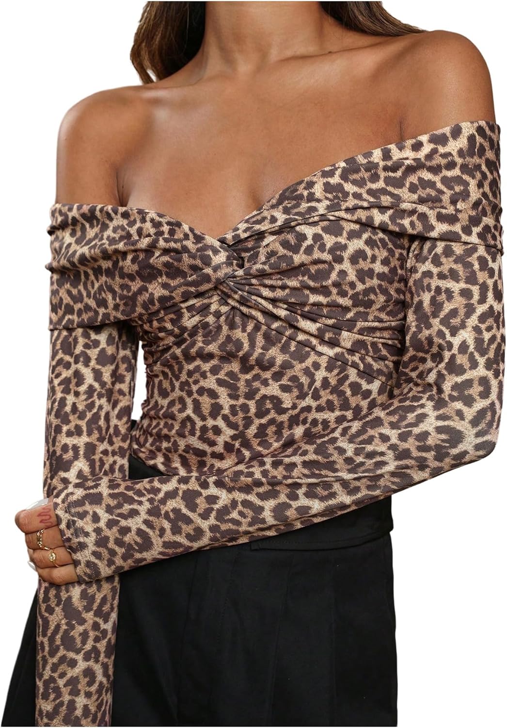 SweatyRocks Women's Sexy Leopard Print Bodysuit Off The Shoulder Ruched Wrap Leotard Going Out Tops - Image 5