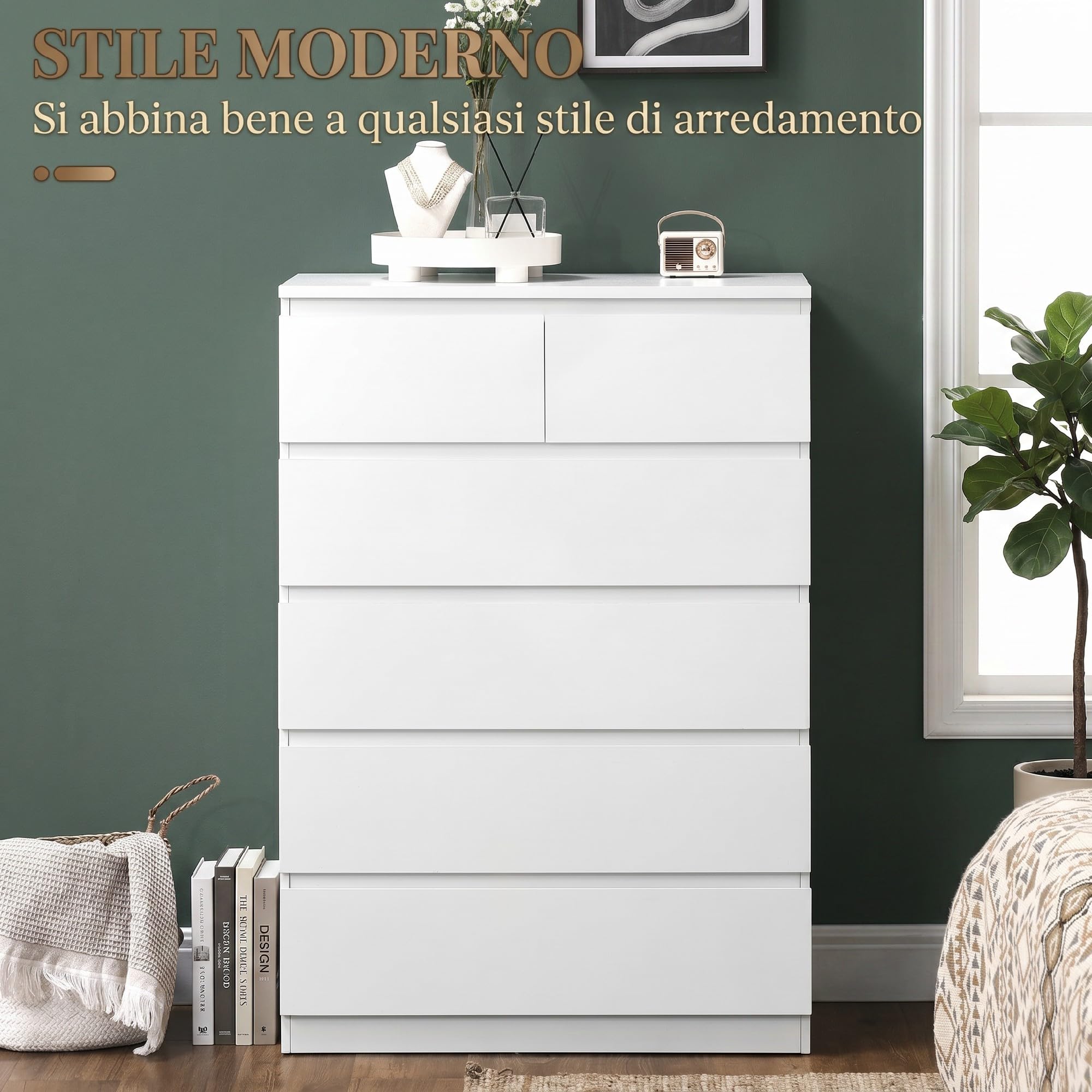 HOMCOM Cassettiera 6 Cassetti Design Antiribaltamento 80x39x115 cm Bianco | Mobile Contenitore, Legno Truciolato, Camera da Letto