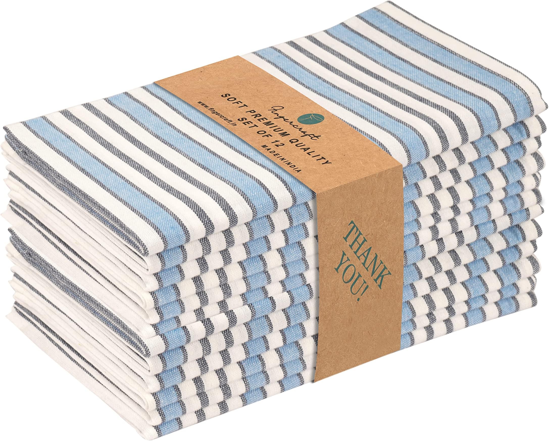 FINGERCRAFT Table Napkins 100% Cotton Yarn Dyed Thick Fabric Cloth Napkins High GSM Napkins 20in x 20in Washable and Reusable for Kitchen Hotels Wedding (Blue White Stripe, Set of 12)