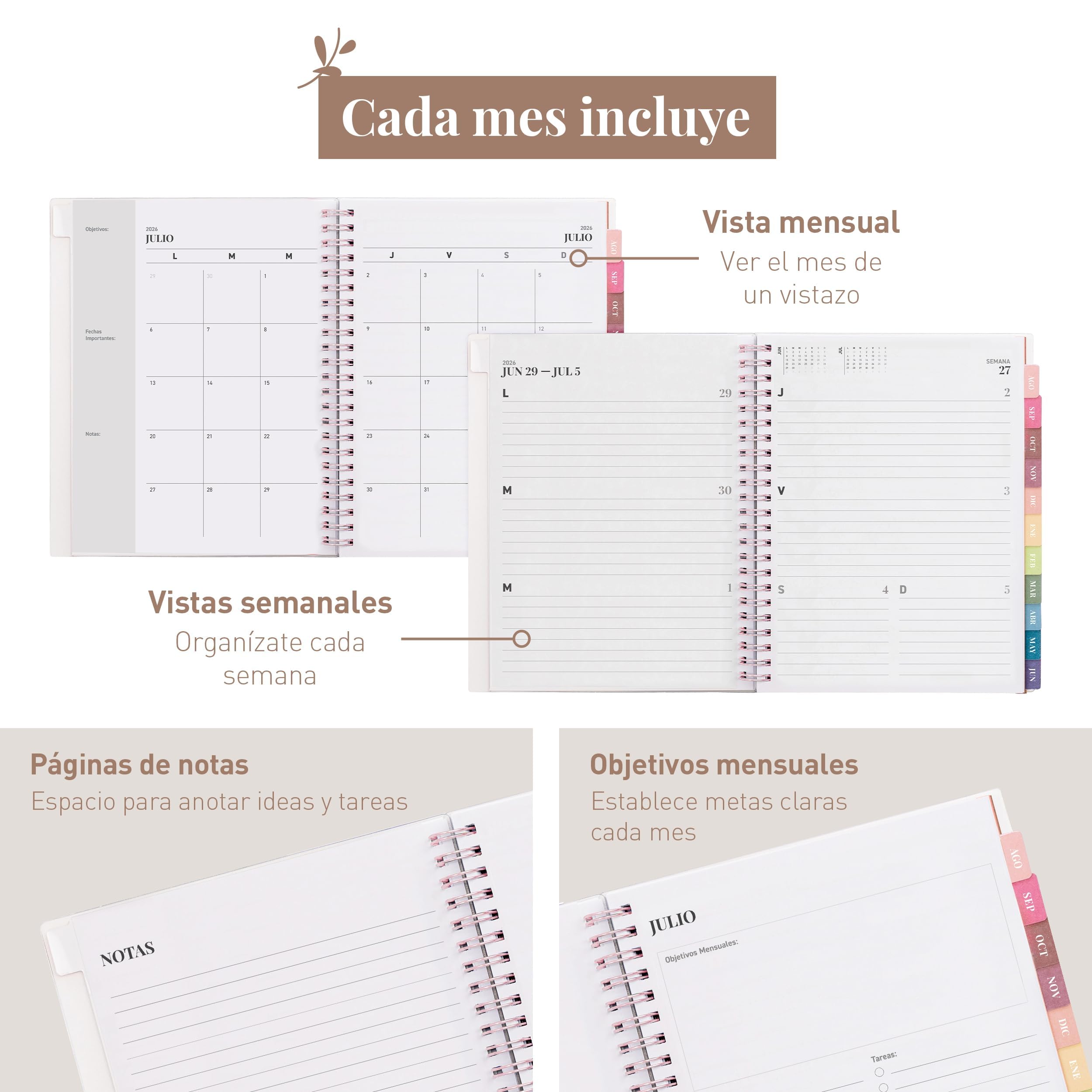 Rileys Agenda Escolar 2026–2027, Agenda Anillas 2026 con Planificador Diario Académica, Planner Universitaria para uso Escolares, Dietario tipo para Citas (20 × 15 cm, Rosa, Tipográfico, en español)