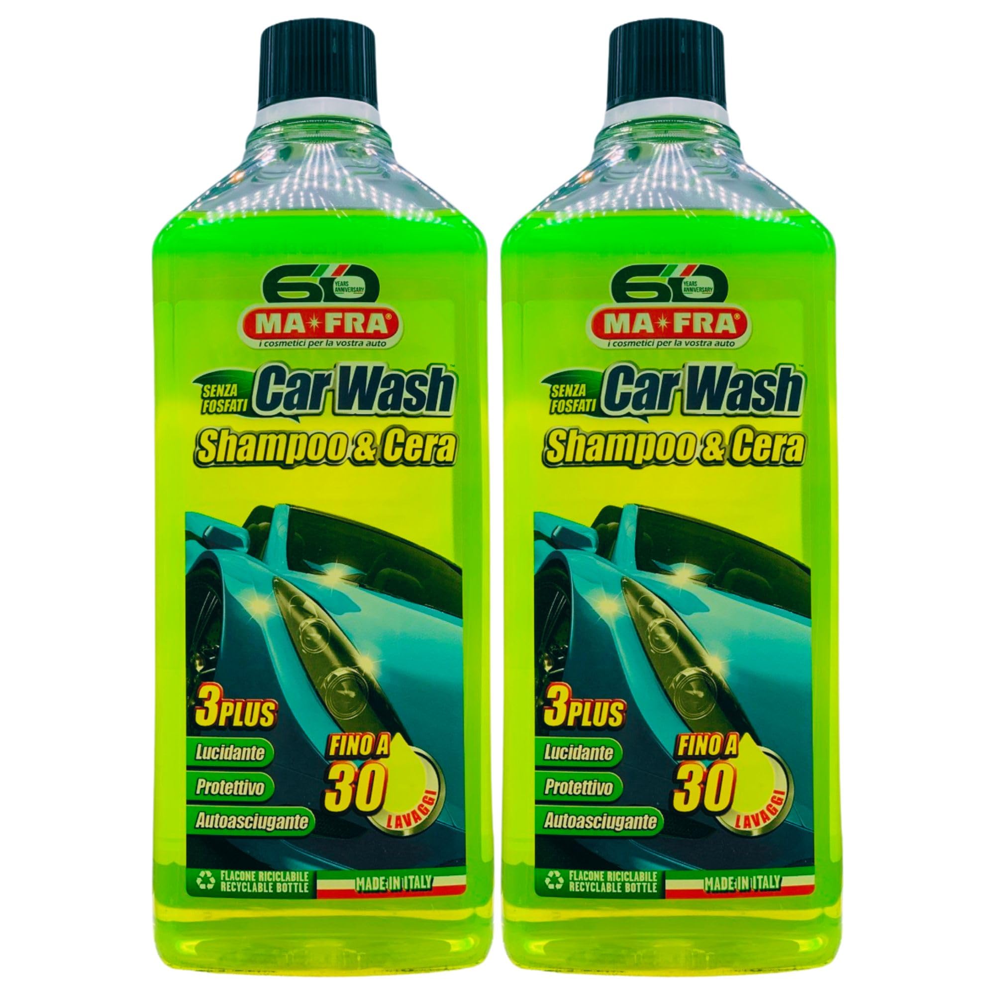 2x Shampoo e Cera Auto CAR WASH. Lucidante, Protettivo, Autoasciugante. Fino a 30 Lavaggi 1000ml