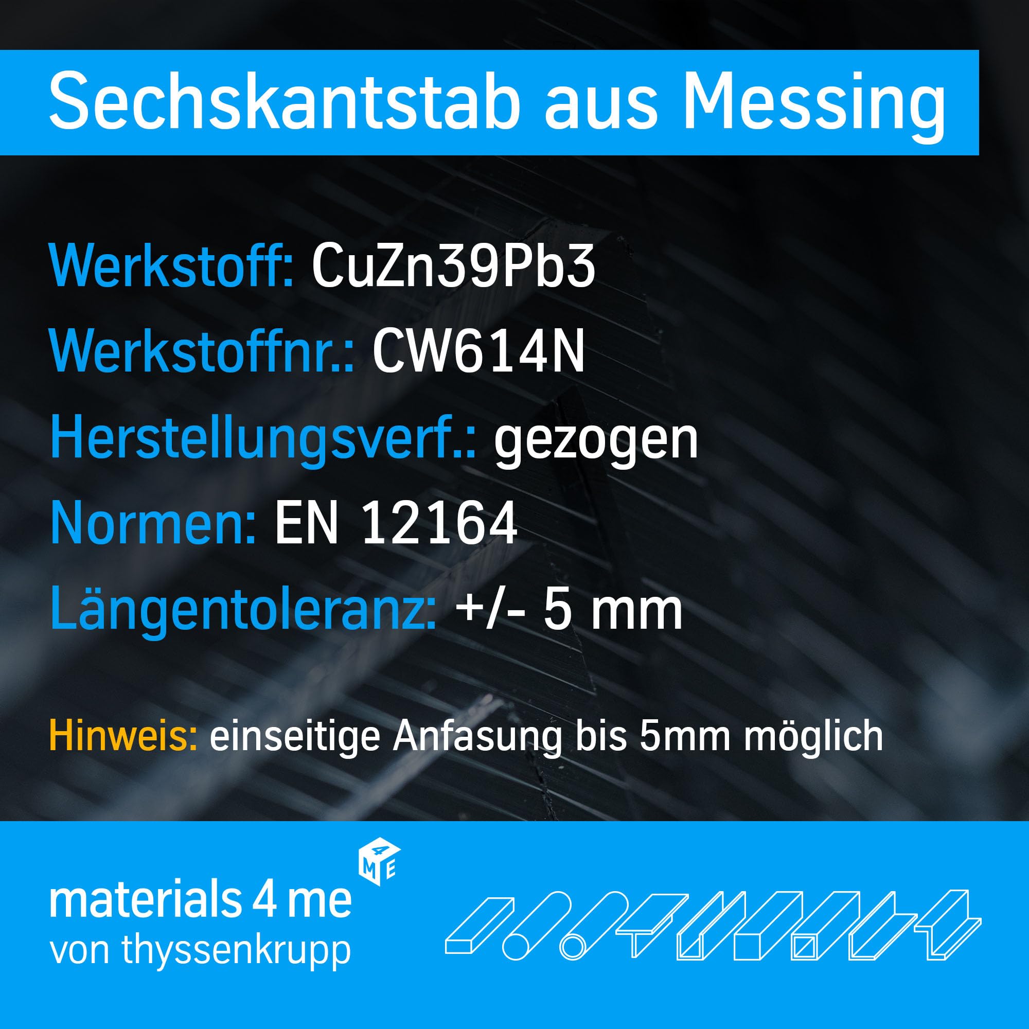 thyssenkrupp Messing Sechskant – Sechskantstange Sechskantprofil – CW614N – SW 17 mm, 2000 mm Länge