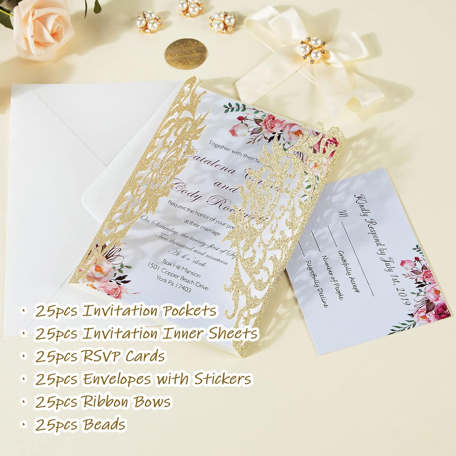 25Pcs Wedding Invitations Glitter Laser Cut Wedding Invitations with Envelopes and Rsvp Cards Blank Inner Sheet Personalized Champagne for Engagement Quinceanera Bridal Baby Shower Anniversary