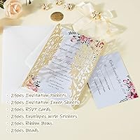 Vista 5 de 25 piezas de invitaciones de boda con purpurina, invitaciones de boda cortadas con láser con sobres y tarjetas RSVP, hoja interior en blanco Champán