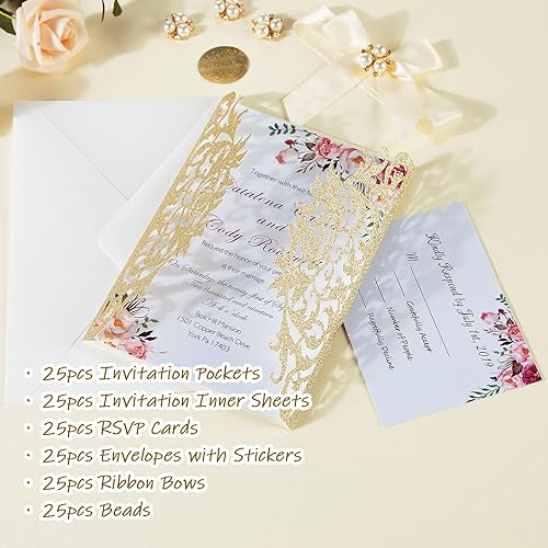 Miniatura 5 de 25 invitaciones de boda con purpurina cortadas con láser con sobres y tarjetas RSVP, hoja interior en blanco, champán personalizado para compromiso,