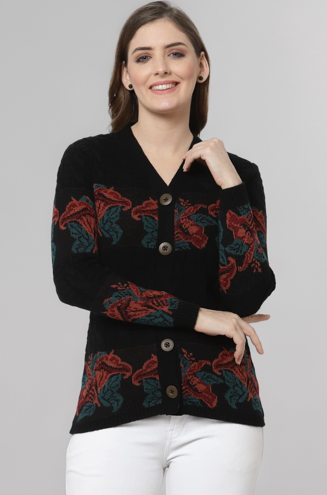 Kalt Women Sweater for Winter Woolen Acrylic Full Sleeves V Neck Floral Design Cardigan Sweater for Women