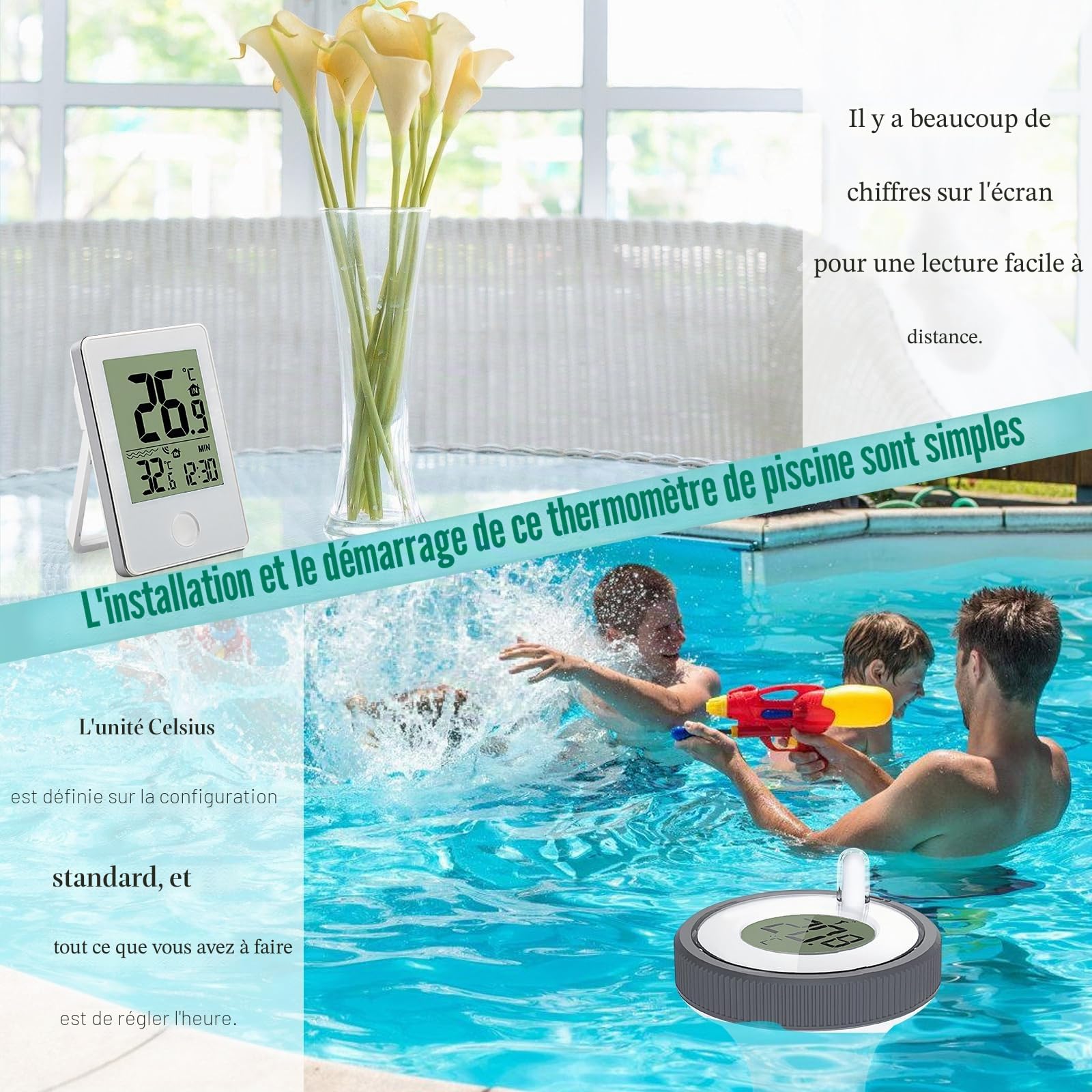 Thermomètre de piscine numérique - Thermomètre flottant sans fil - Étanche IP67 - Pour aquarium, piscine, étang, étang à poissons