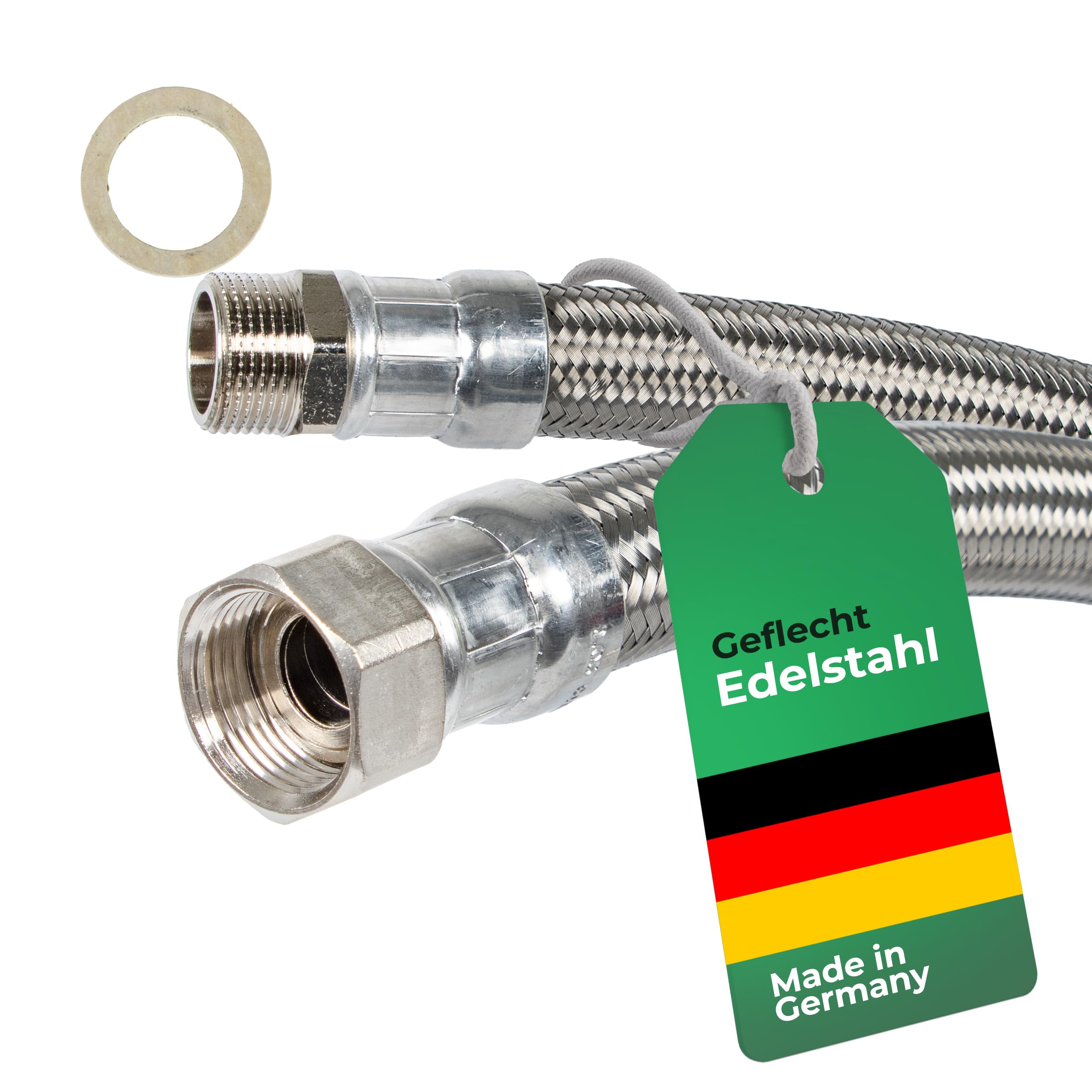 H2O-Flex® Panzerschlauch DN19 mit Edelstahlumflechtung, Flexschlauch, 3/4" Innengewinde und 3/4" Außengewinde für Hauswasserwerk, Solar, Heizung, Klima