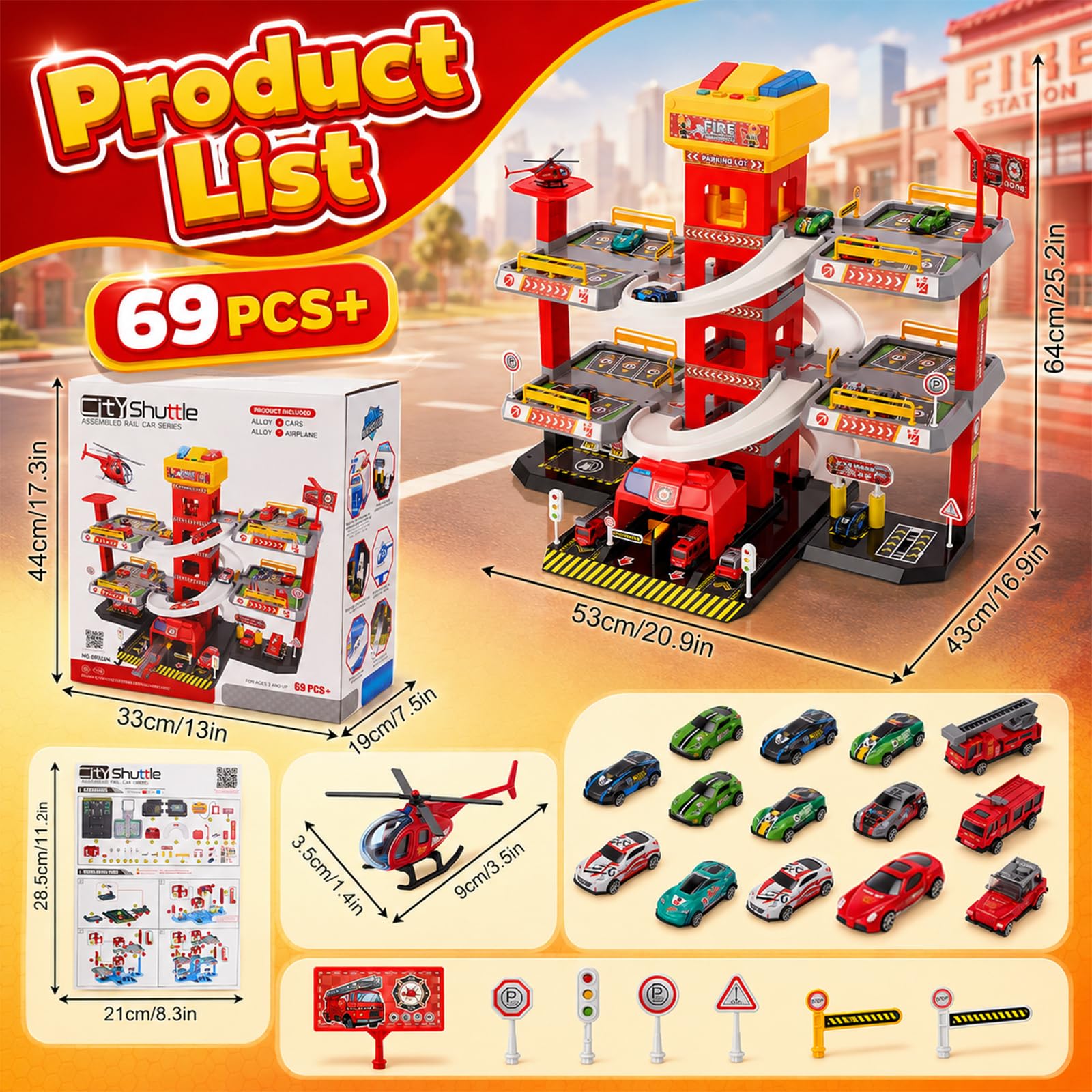 Garage parcheggio a 5 piani per bambini, camion dei pompieri con ascensore, stazione di servizio e piazza di atterraggio degli elicotteri, 10 auto in metallo, 4 auto in lega e 1 elicottero, garage