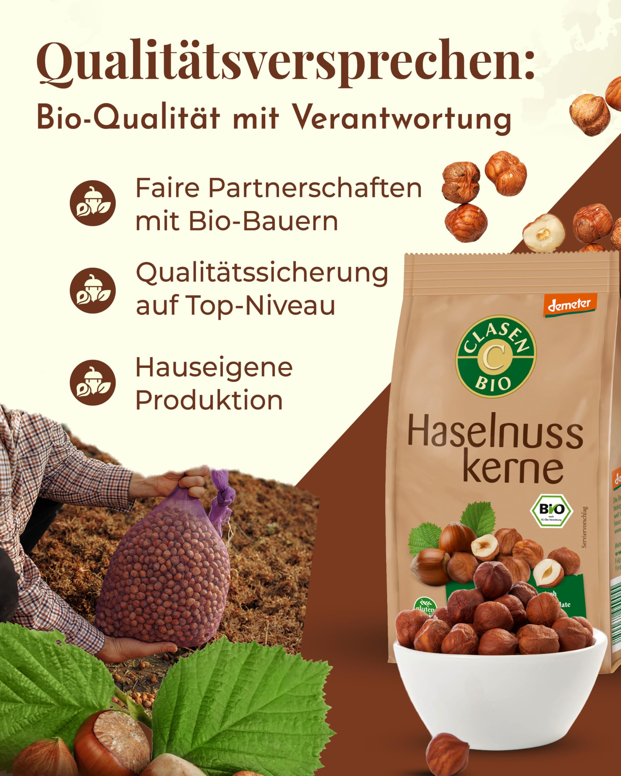 3x CLASEN BIO Demeter Haselnusskerne ohne Schale - 200g