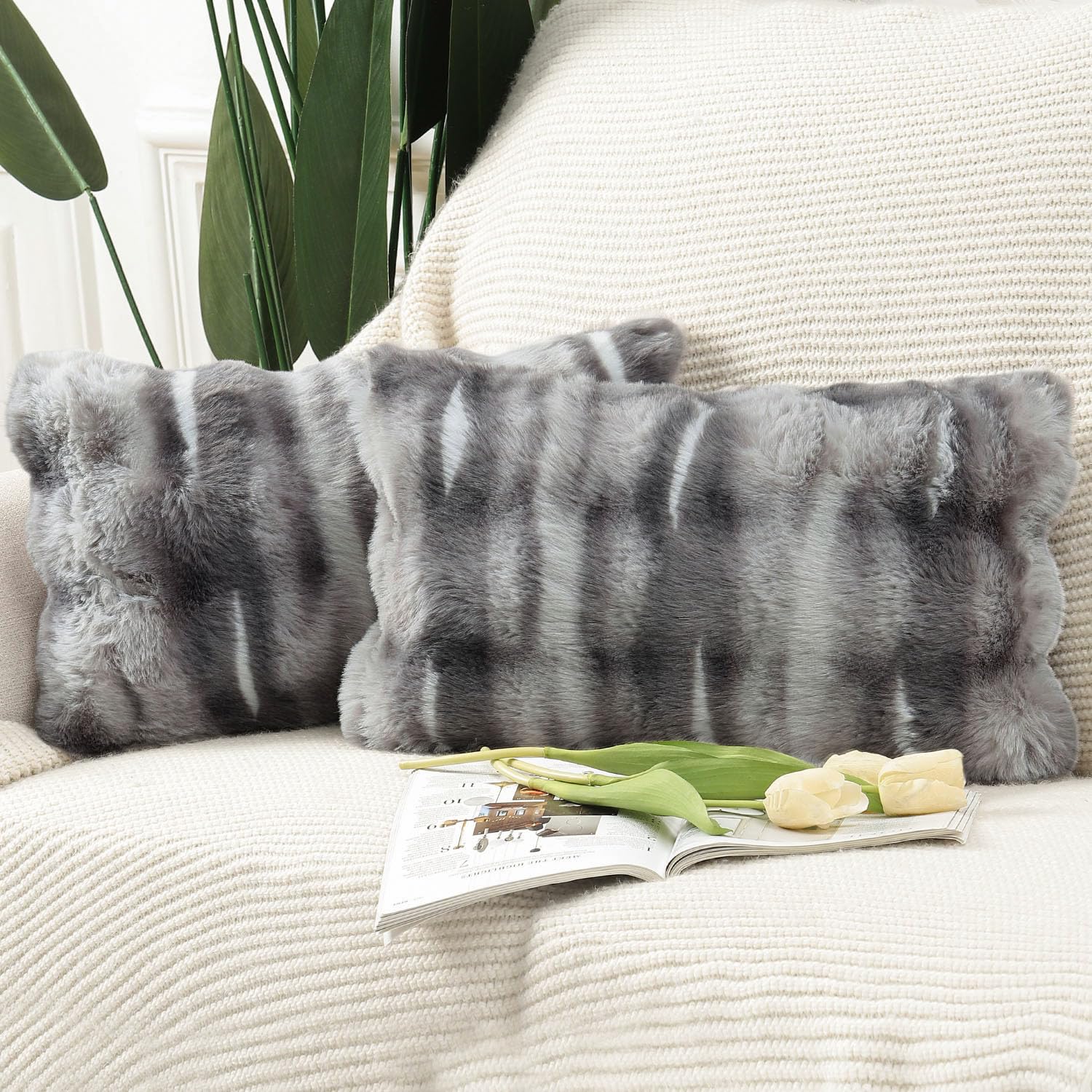 Madizz 2er Set Sanft Plüsch Kurze Wolle Samt Dekorativ Zierkissenbezüge Luxus Stil Kissenbezug für Sofa für Schlafzimmer Dunkelgrau 40x60 cm