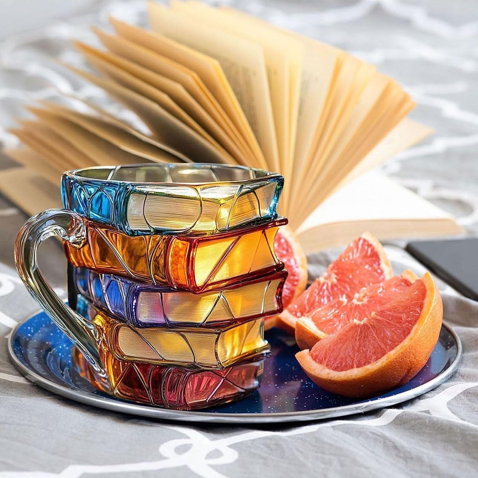 Bemalte Buchtasse, handgemachte farbige Buchkaffeetasse aus Glas, 11oz einzigartige 3D-bemalte Bücher, einzigartige Stapelkaffeetasse, Geschenke für Buchliebhaber, Leser, Bibliothekare, Schriftsteller Küche, Haushalt & Wohnen