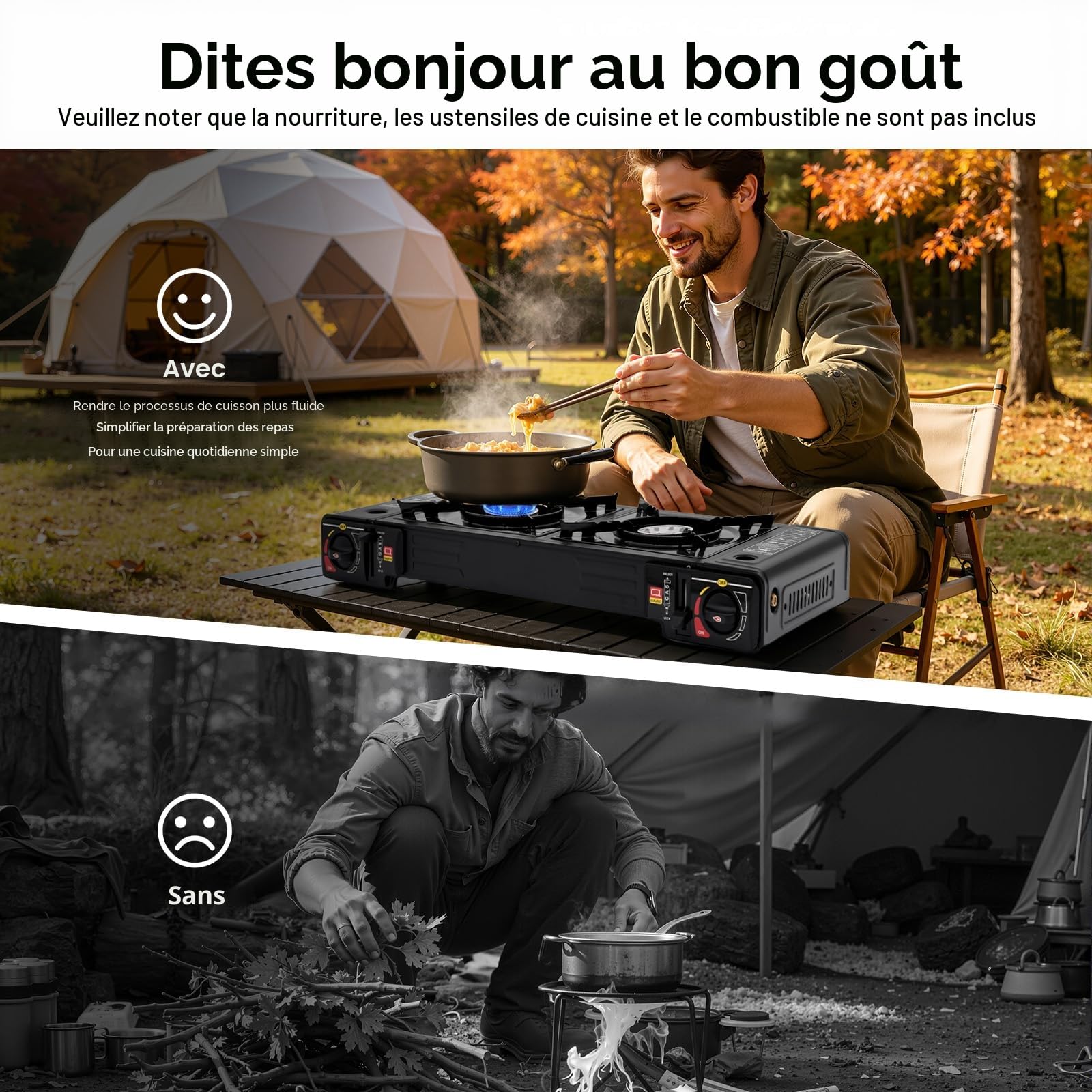 Cuisinière à gaz de camping 2 brûleurs, butane avec stockage, poêle de camping portable, allumage piézoélectrique automatique, brûleur de camping LPG pour camping-cars, appartements,