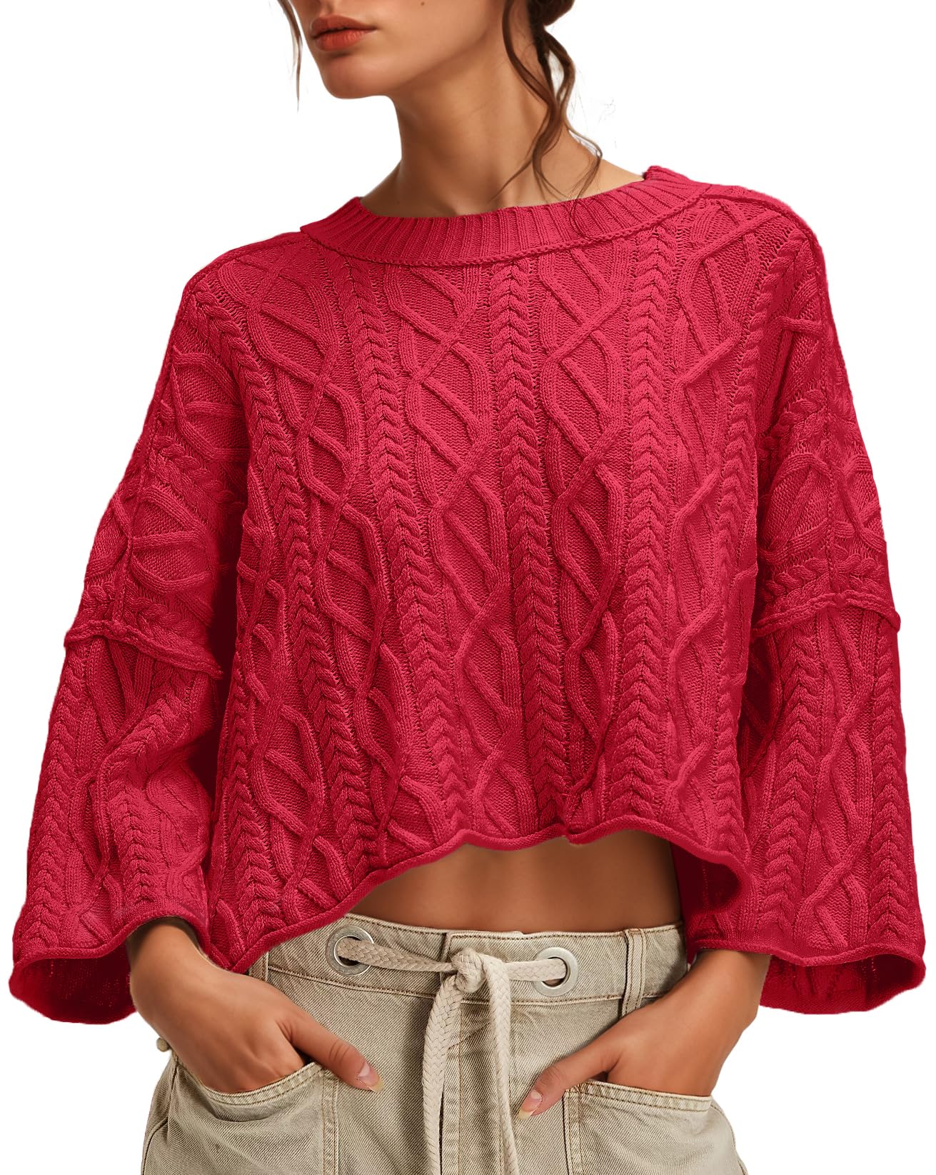 UNCLECAT Womens Cable Knit Cropped Sweaters Oversized Fall Sweater Long Sleeve Knit Trendy Pullover Tops