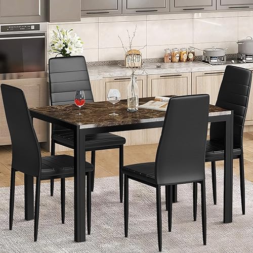 Recaceik Juego de mesa de comedor para 4, 5 piezas de mármol sintético para 4 personas, mesa de comedor moderna de 47 pulgadas y sillas de piel