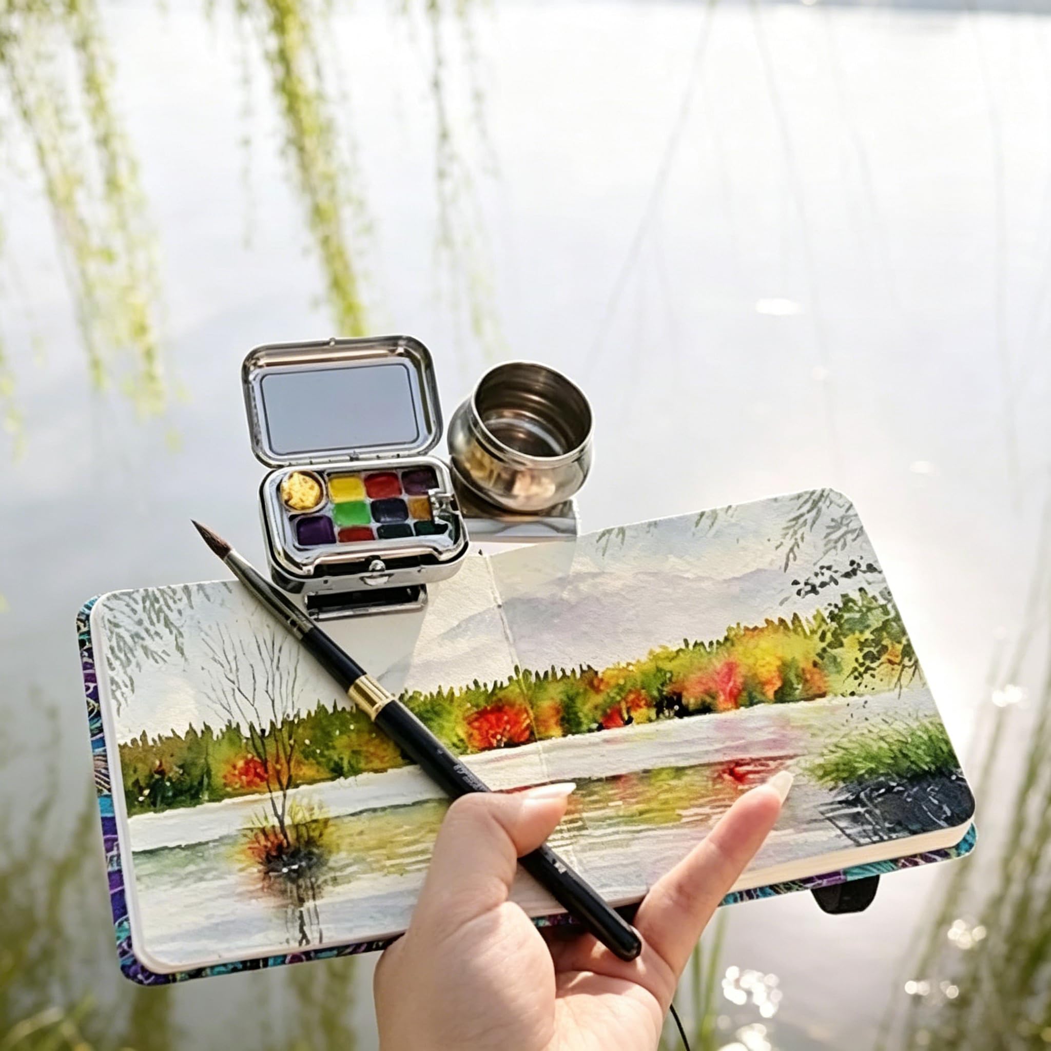 TsoLay Tragbares Aquarell-Skizzenbuch-Set, Metall Malkasten mit 10 Farben, Pinsel, Becher, Aquarellbuch, Reise-Malkit für Anfänger und Kunstbegeisterte, Kompaktes Set für Unterwegs Malerei