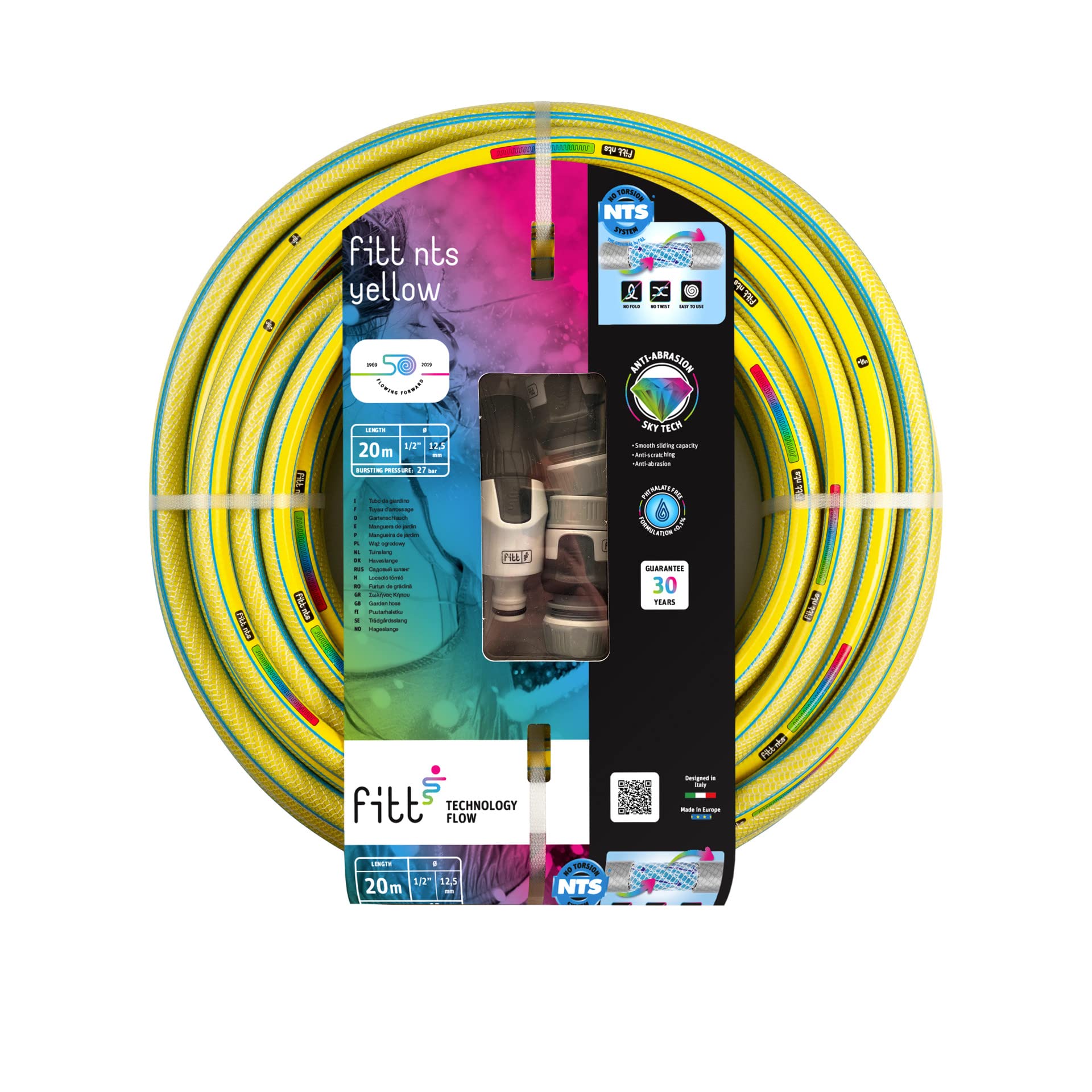 FITT NTS Yellow 1/2" (12,5mm) 20m - Strong and malleable Yellow Garden Watering Hose for Intensive Use Supplied with Nozzle with Adjustable Flow and Fittings Featuring Exclusive Technologies