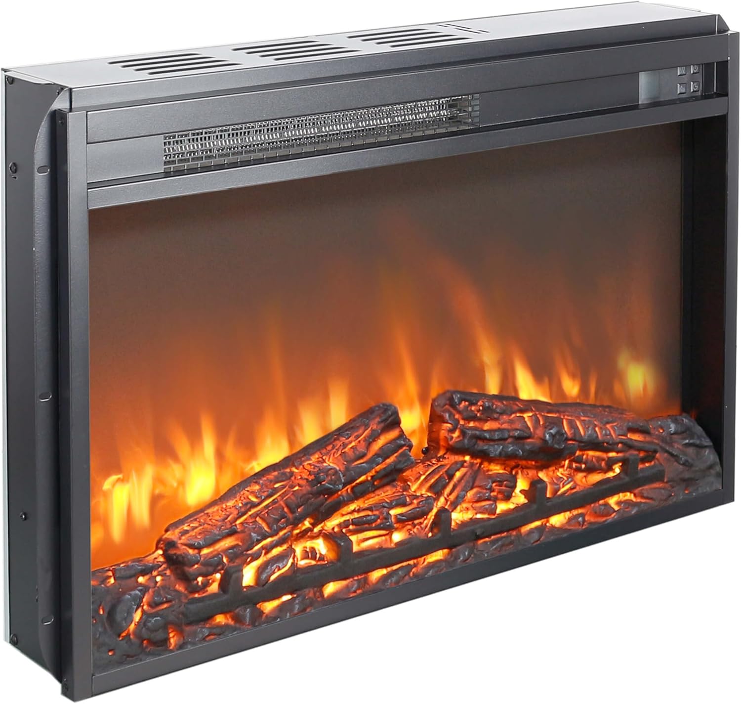 similar to stock photo.. 26\" electric fireplace insert, fireplace heater with remote, 8h timer, adjustable 4 flame brightness, digital display, log set, overheating protection, 1400w(26 3/16\" w x 17 5/8\" h) 26 3/16\"w x 17 5/8\"h(wood log)