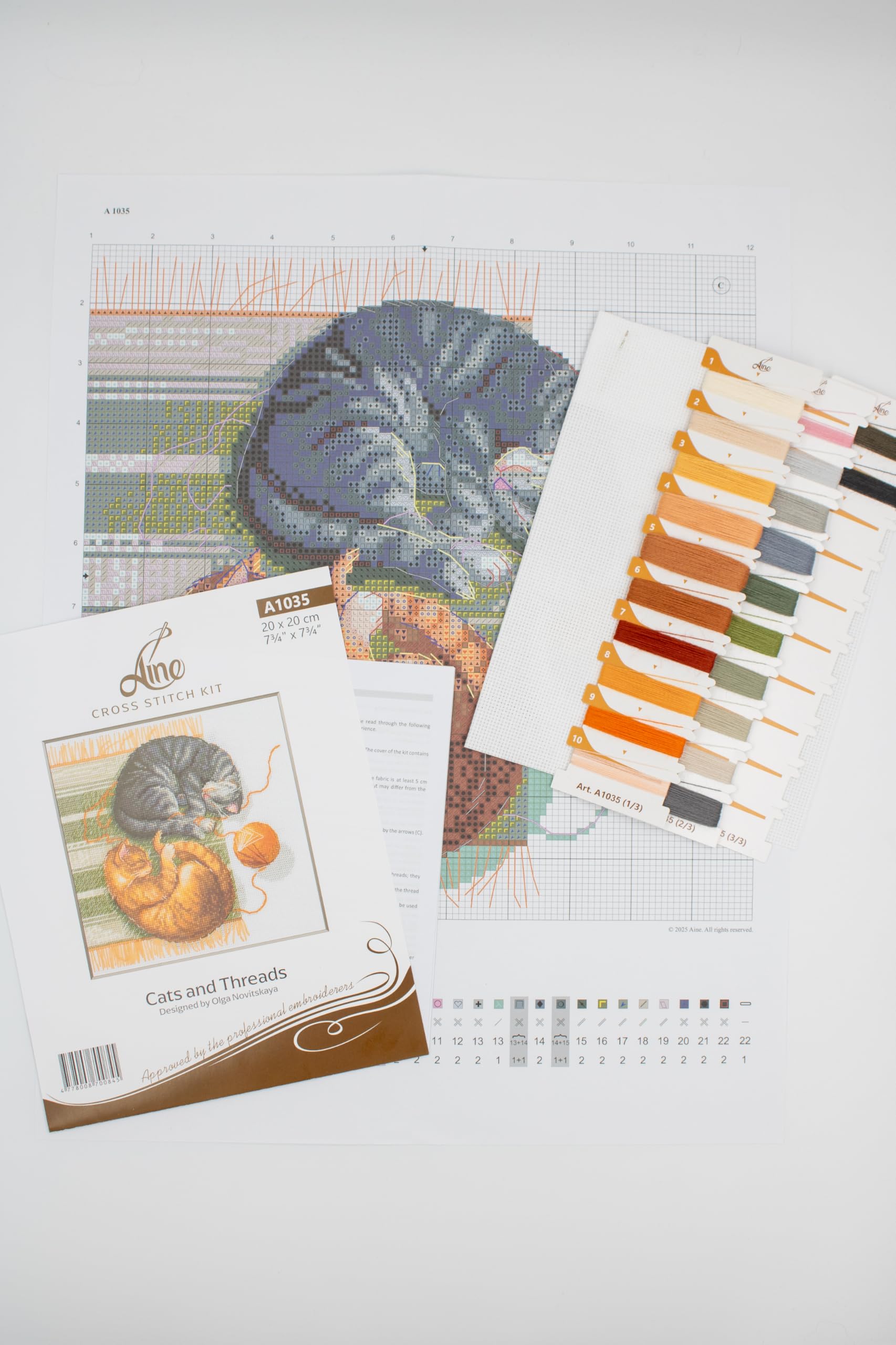 Aine - Gatti e Fili A1035, Gatto Punto croce 20x20cm, Punto croce kit da ricamare, Disegni da ricamare, Embroidery kit, Animali Kit ricamo punto croce